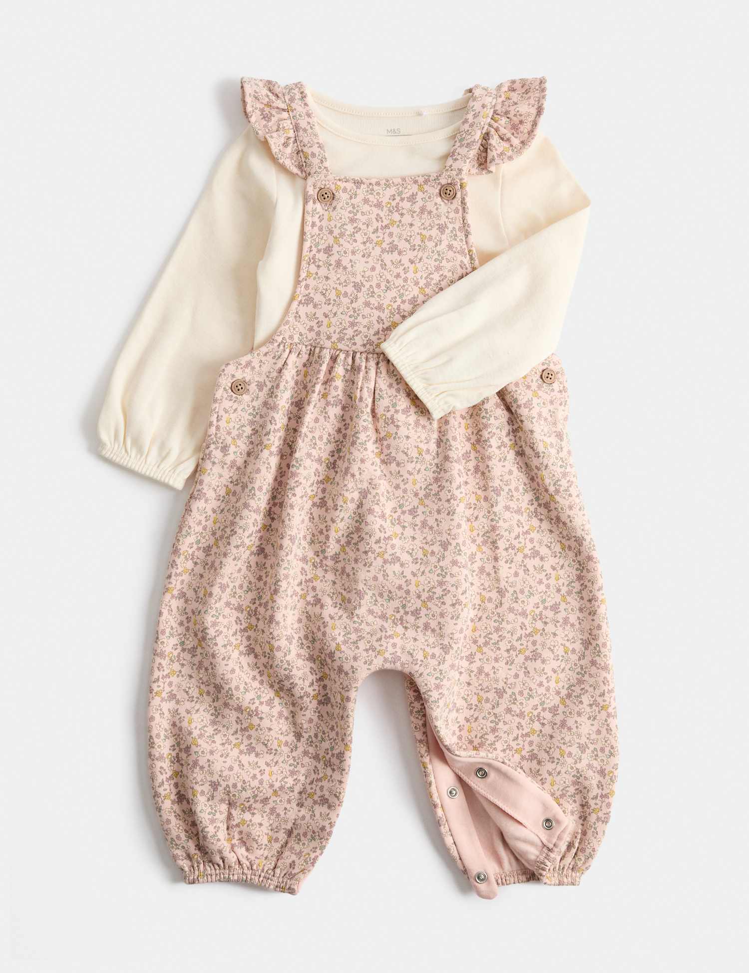 M&S 2 Piece Cotton Rich Ditsy Floral Dungarees (0-3 Yrs) Pink