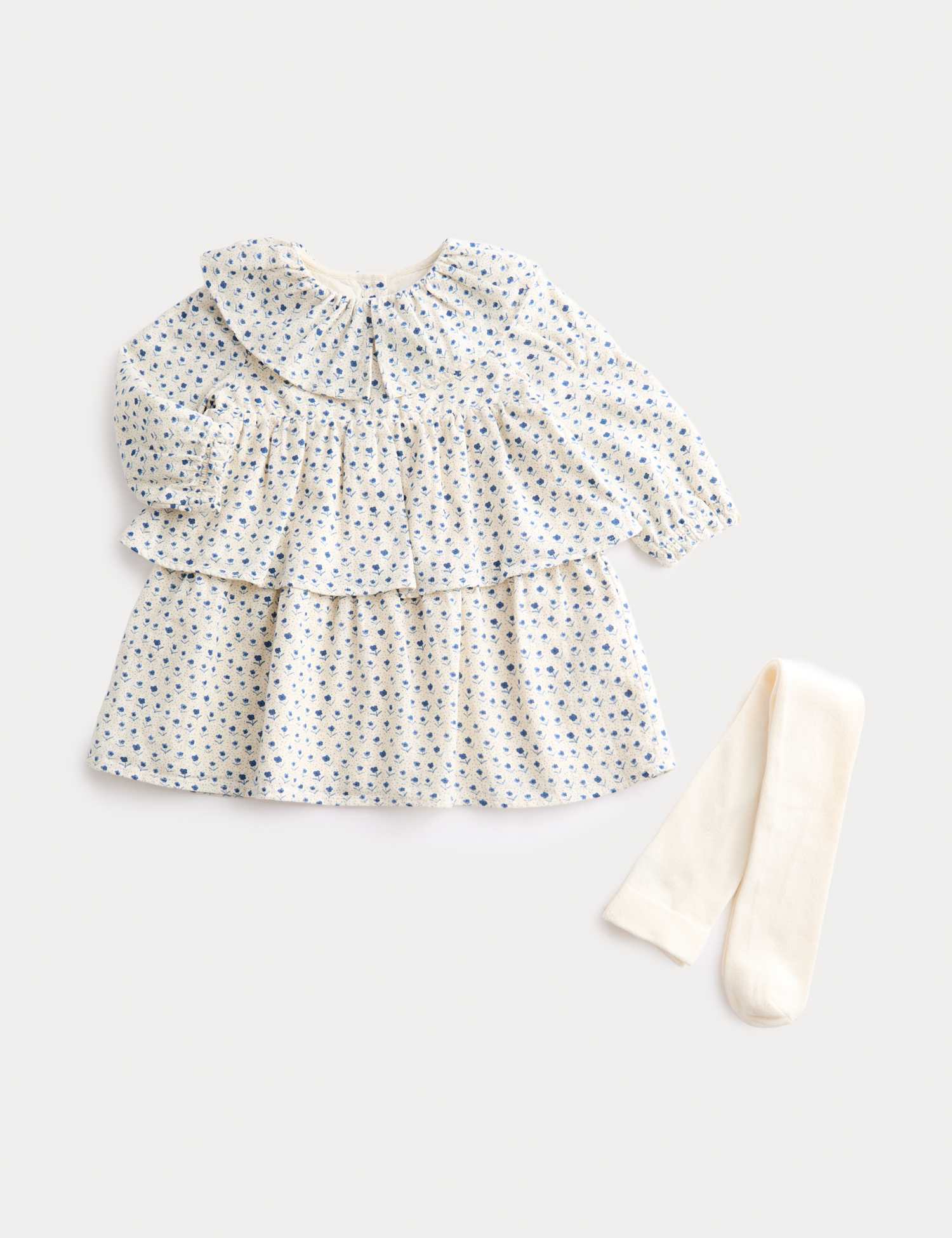 M&S 2 Piece Cotton Rich Ditsy Dress with Tights (0-6 Yrs) Cream Mix