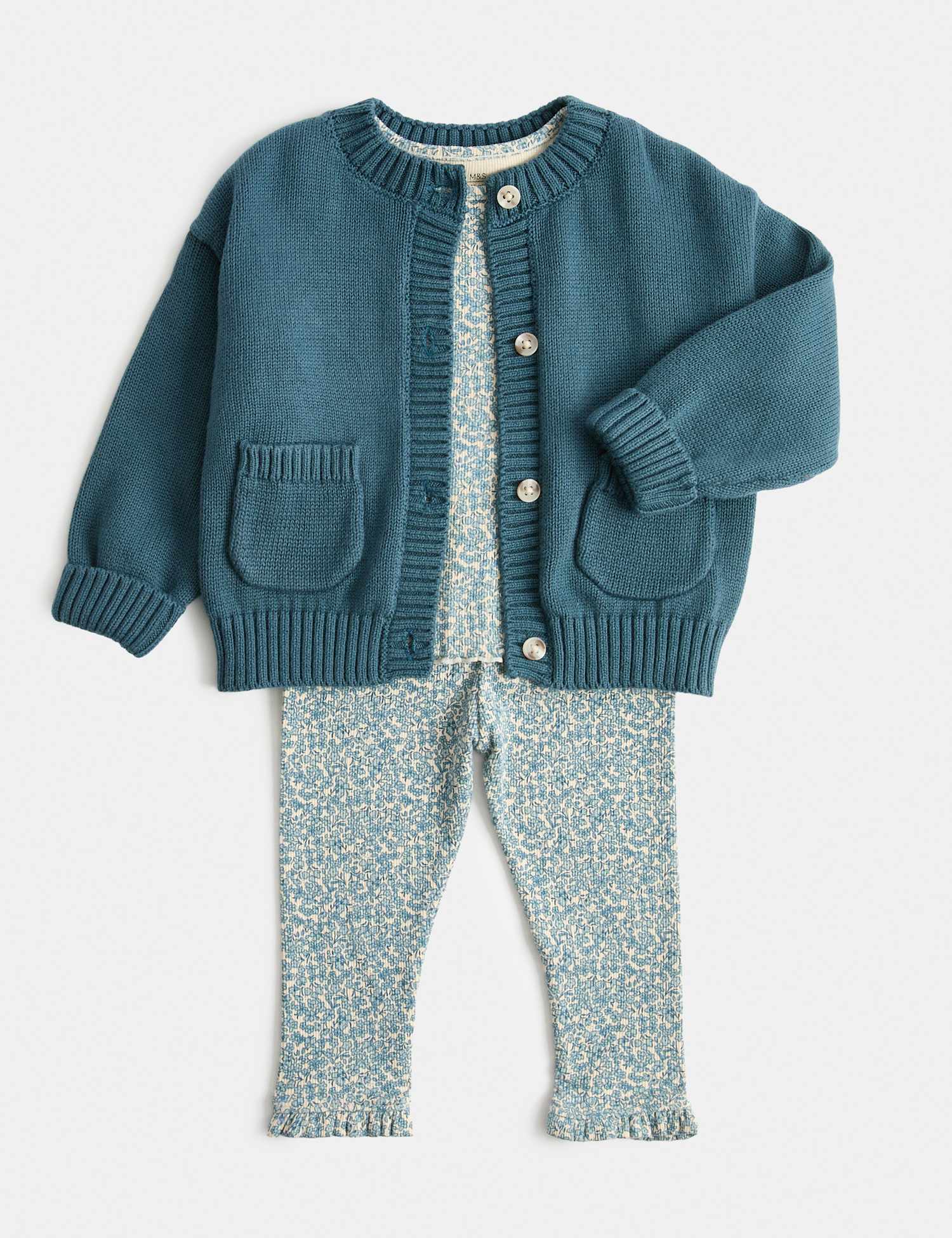 M&S 3 Piece Cotton Rich Jersey Outfit (0-3 Yrs) Blue Mix