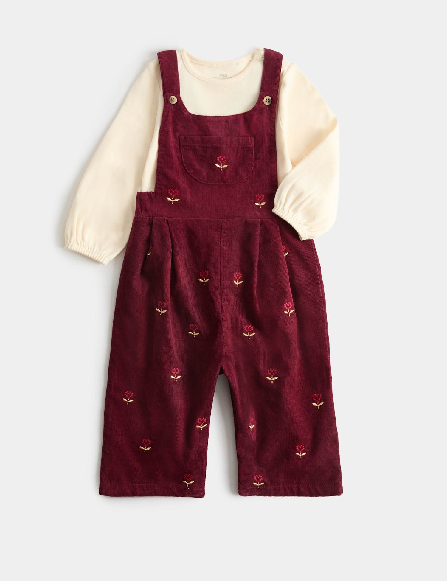 M&S 2 Pack Pure Cotton Floral Embroidered Dungaree and Top Set (0-3 Yrs) Claret