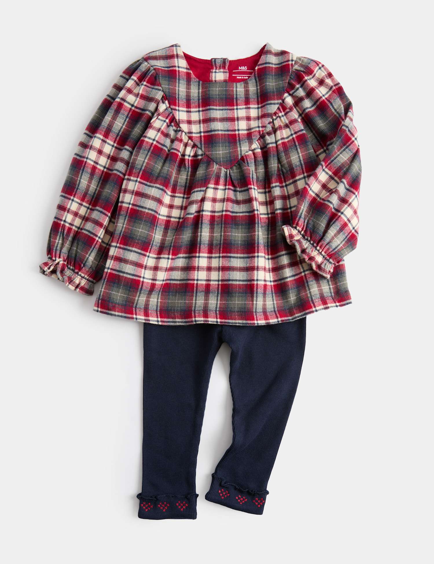 M&S 2pc Pure Cotton Checked Top & Bottom Outfit (0-5 Yrs) Red Mix