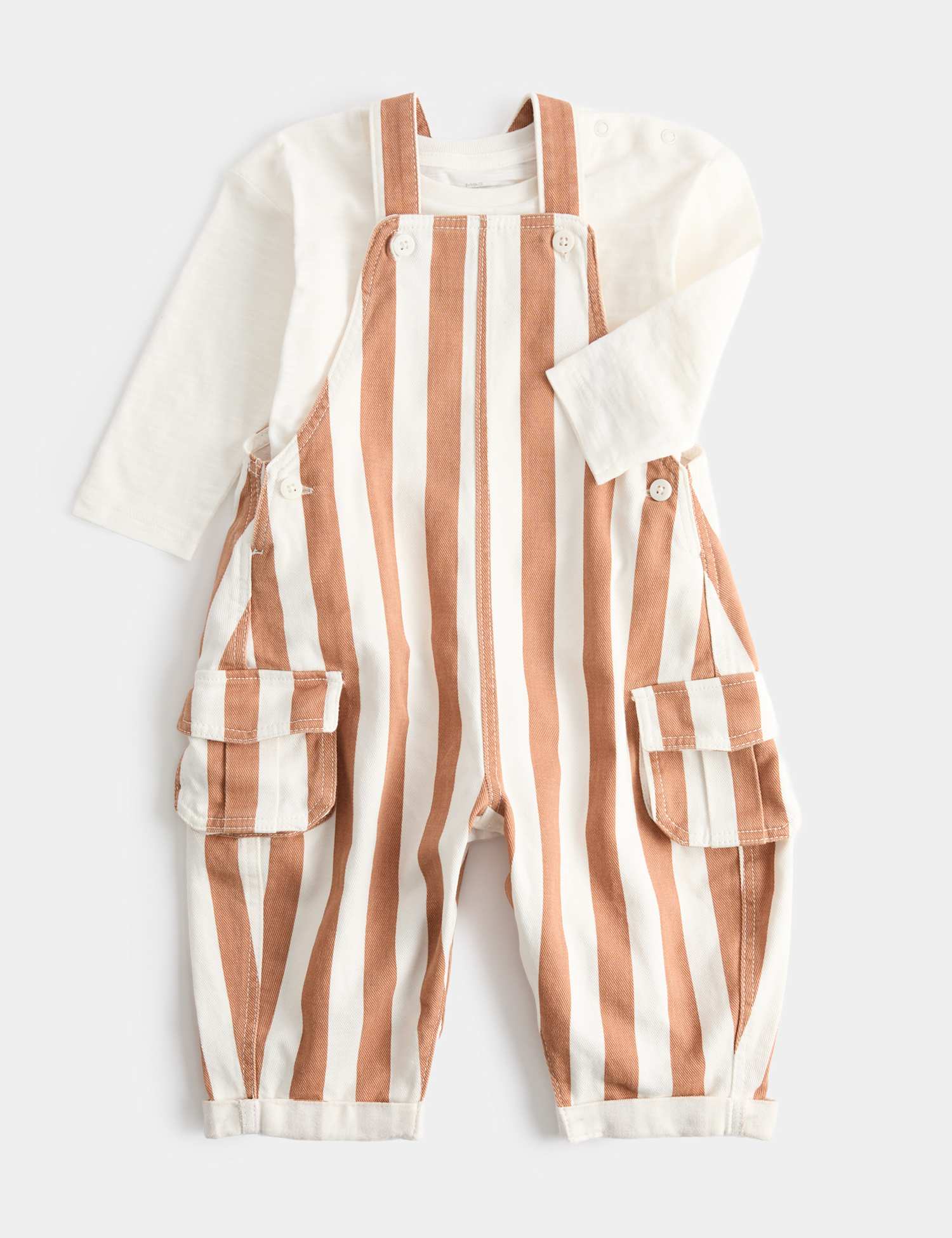 M&S 2pc Pure Cotton Striped Dungarees Set (0-3 Yrs) Brown Mix
