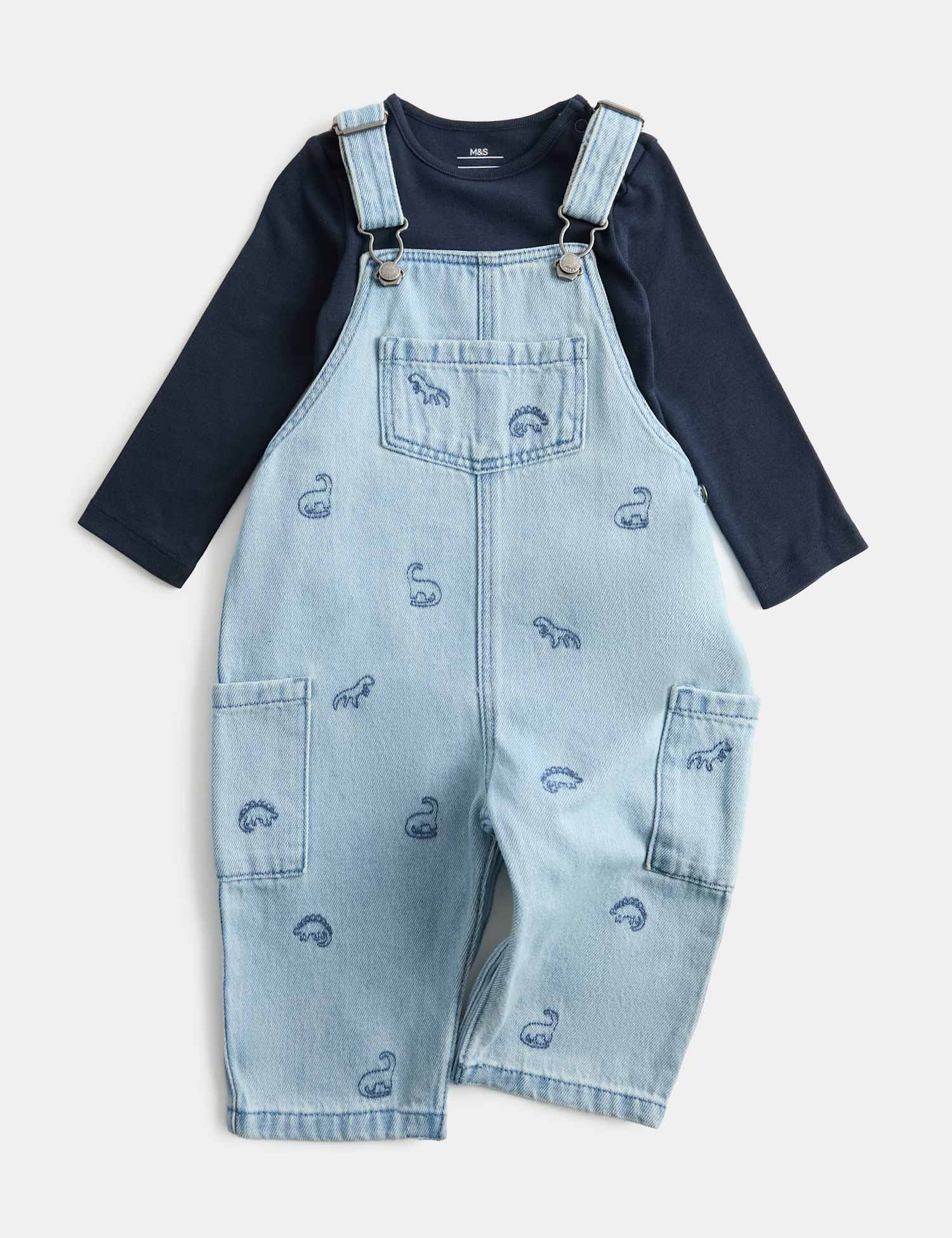 M&S Pure Cotton Embroidered Denim Dungaree Outfit (0-3 Yrs) Denim Mix