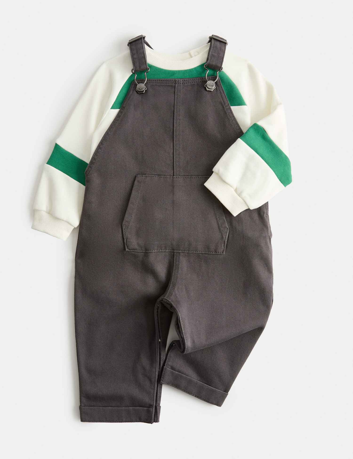 M&S 2 Piece Cotton Dungaree & Sweatshirt Outfit (0-3 Yrs) Grey