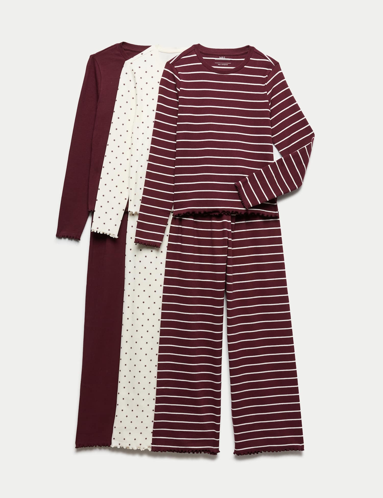 M&S Kids' 3 Pack Patterned Ribbed Pyjama Sets (6-16 Yrs) Burgundy Mix