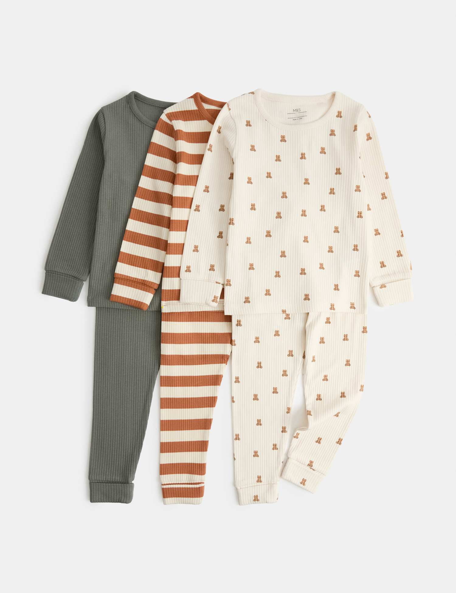 M&S 3pk Cotton Rich Bear Print Pyjama Set Ecru Mix