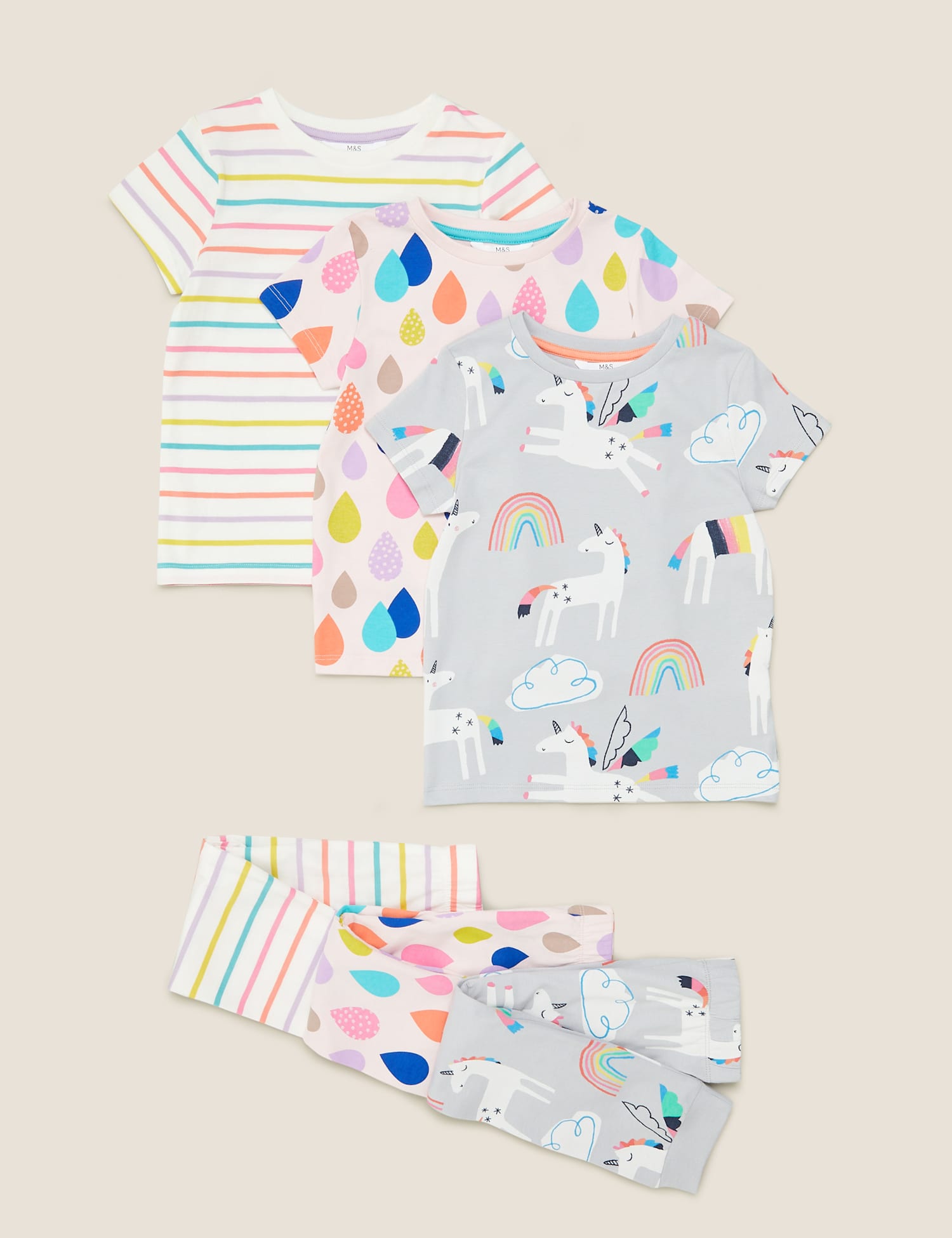 M&S 3 Pack Pure Cotton Unicorn Pyjama Sets (1-7 Yrs) Multi