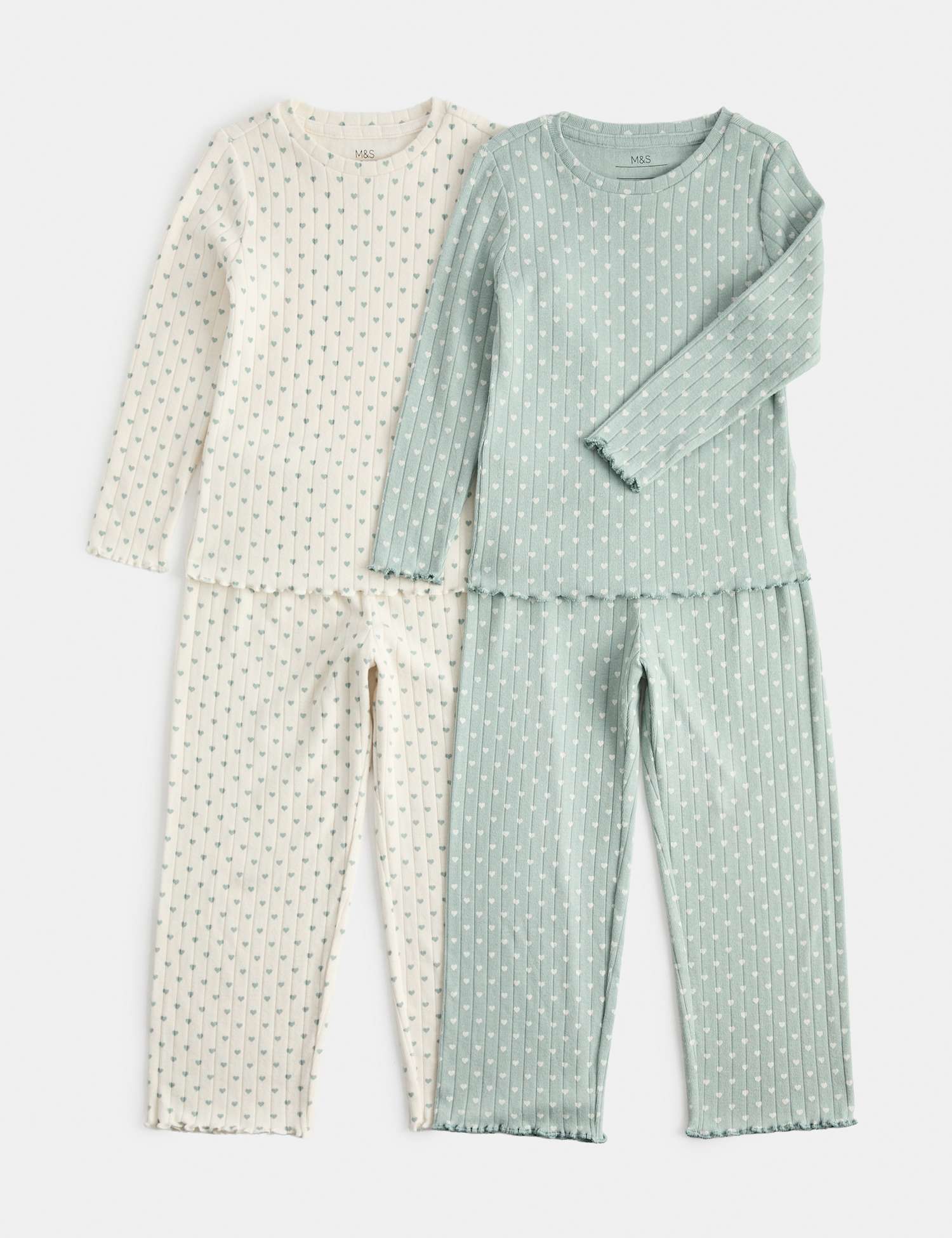 M&S Heart Print Ribbed Long Sleeve Pyjama Set Green Mix