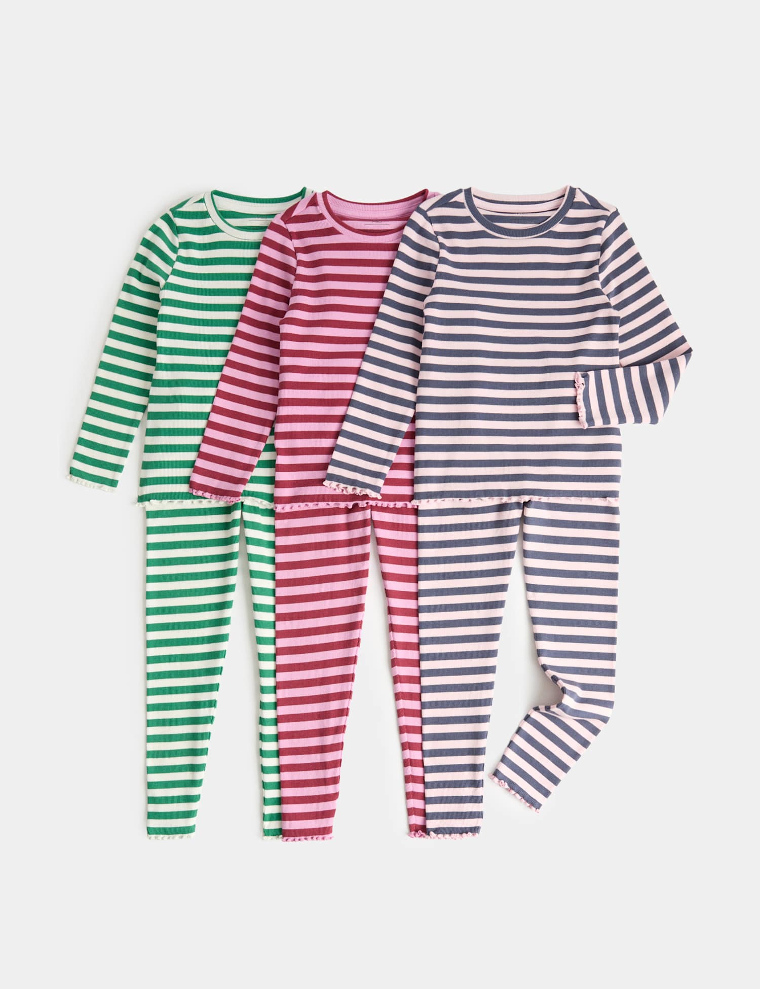 M&S 3 Pack Cotton Rich Ribbed Striped Pyjama Sets (1-8 Yrs) Pink Mix