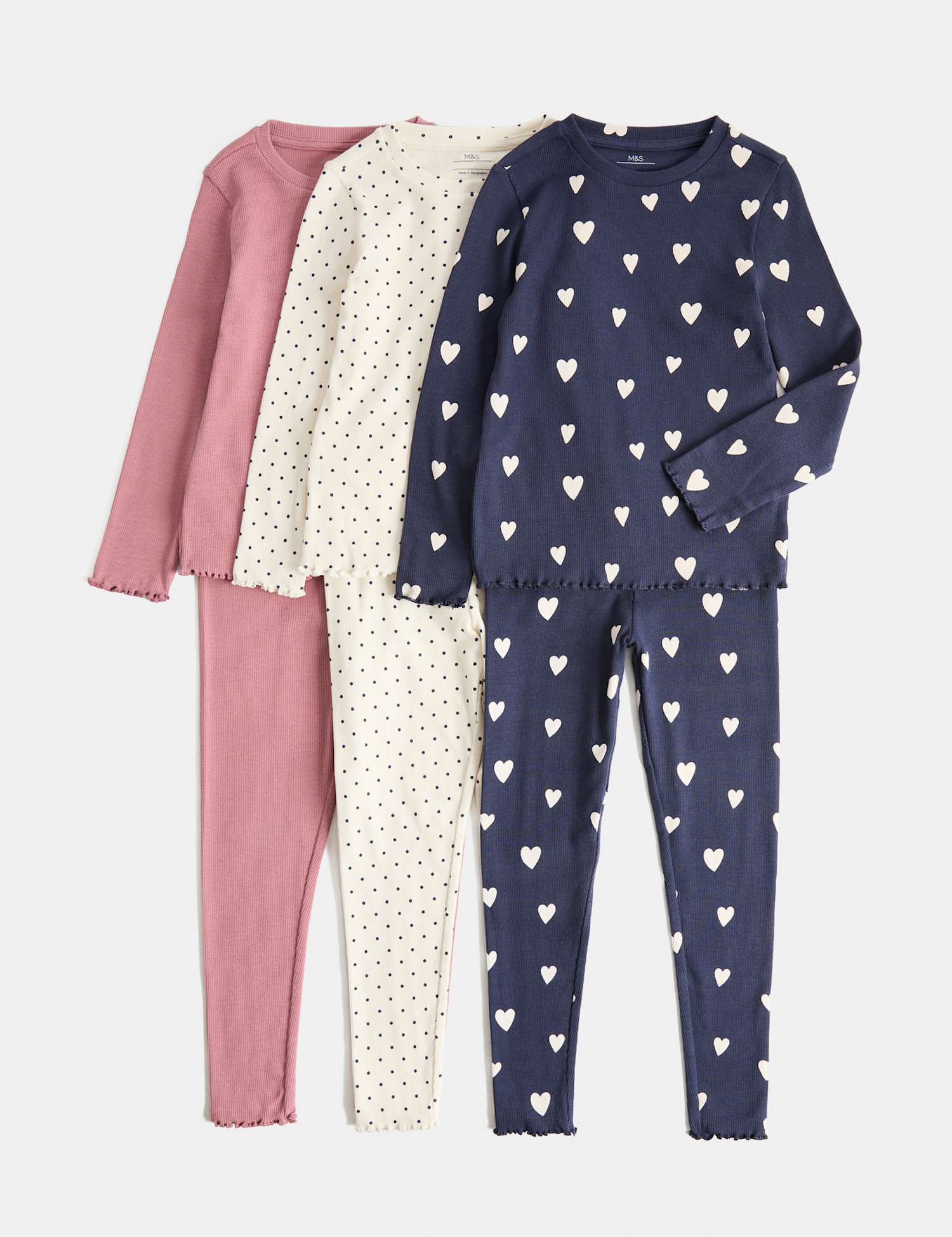 M&S 3 Pack Cotton Rich Ribbed Heart Print Pyjama Sets (1-8 Yrs) Multi