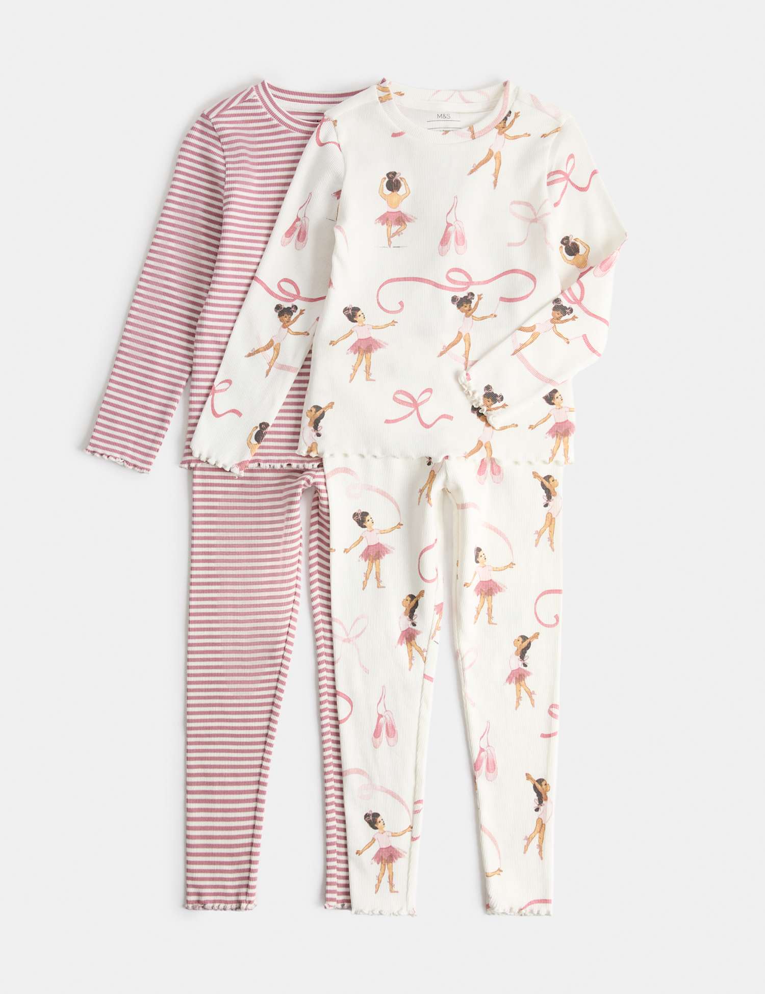 M&S 2 Pack Cotton Rich Ribbed Ballerina Pyjama Sets (1-8 Yrs) Pink Mix