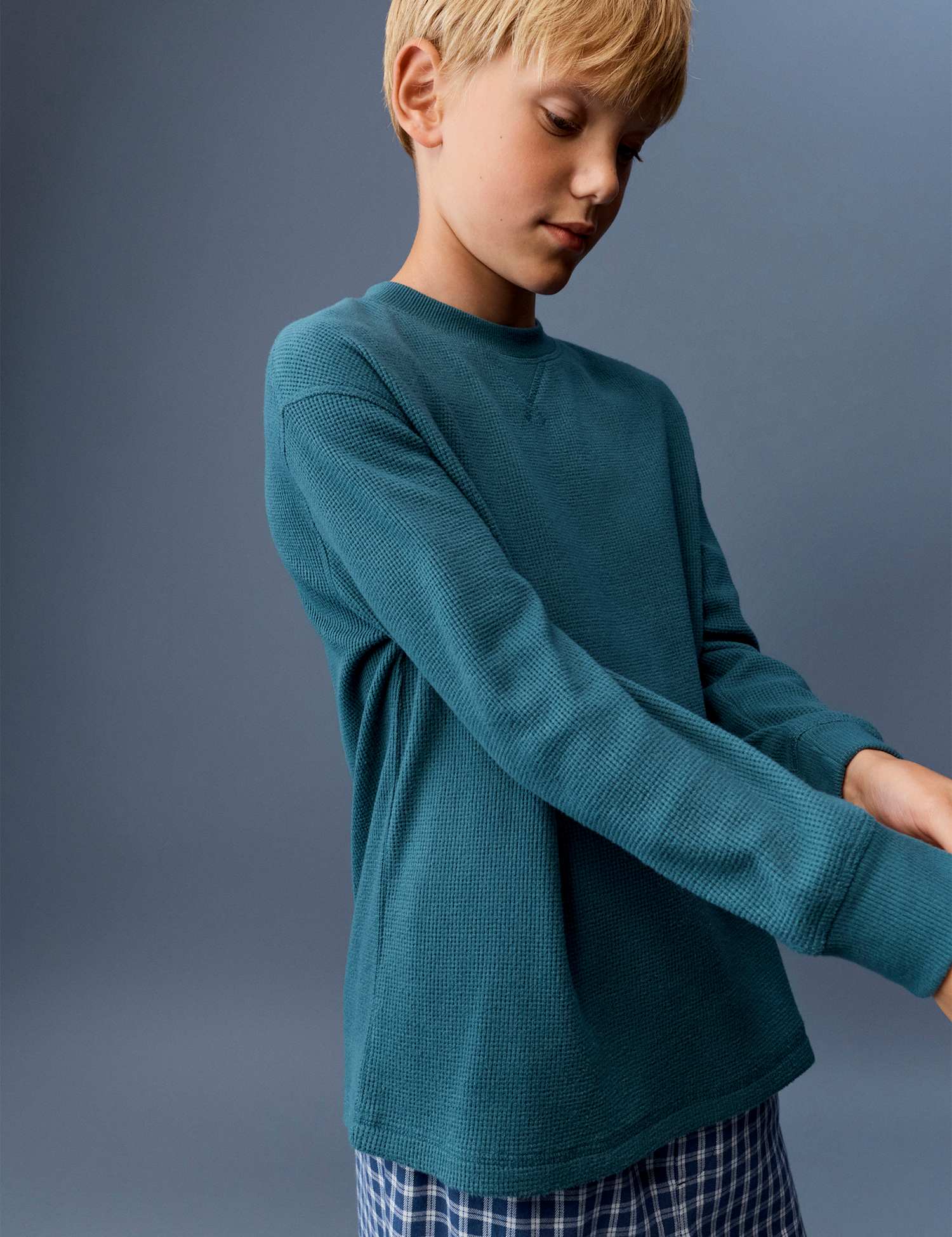 M&S Waffle Crew Neck Pyjama Top (6-16 Yrs) Green