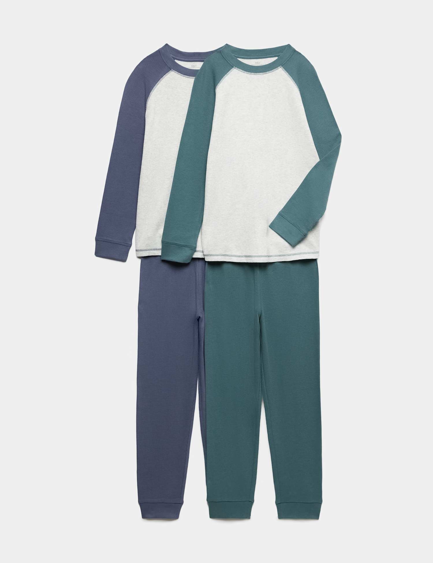 M&S 2 Pack Raglan Jersey Pyjama Sets (6-16 Yrs) Green Mix