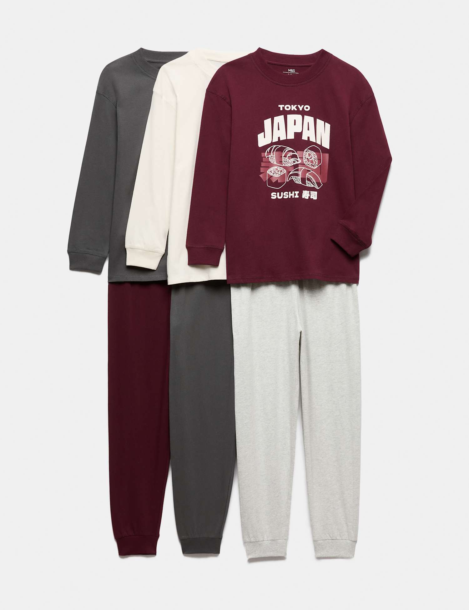 M&S 3 Pack Pure Cotton Sushi Graphic Pyjama Sets (1-16 Yrs) Grey Mix