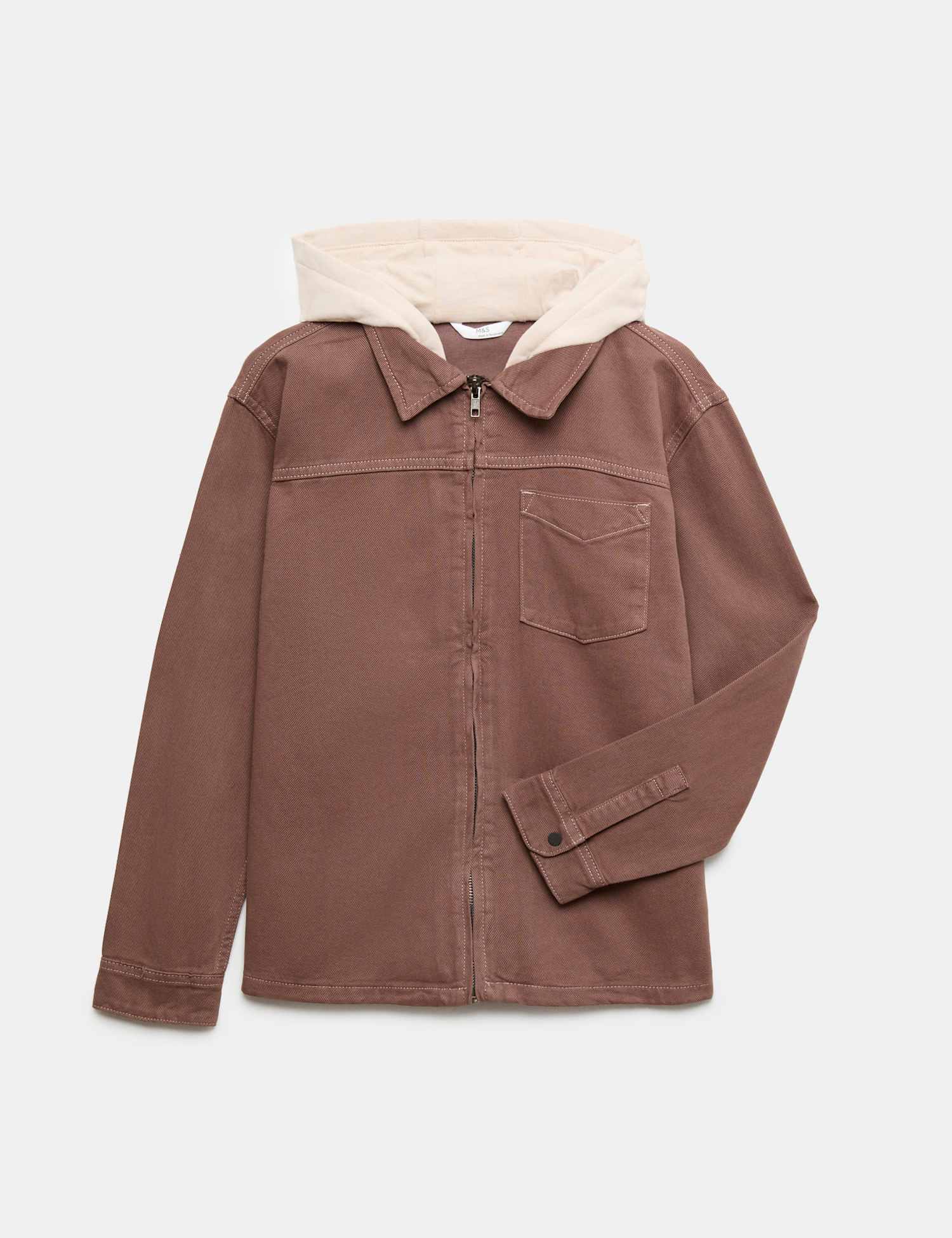M&S Cotton Rich Hooded Zip Shirt (6-16 Yrs) Brown
