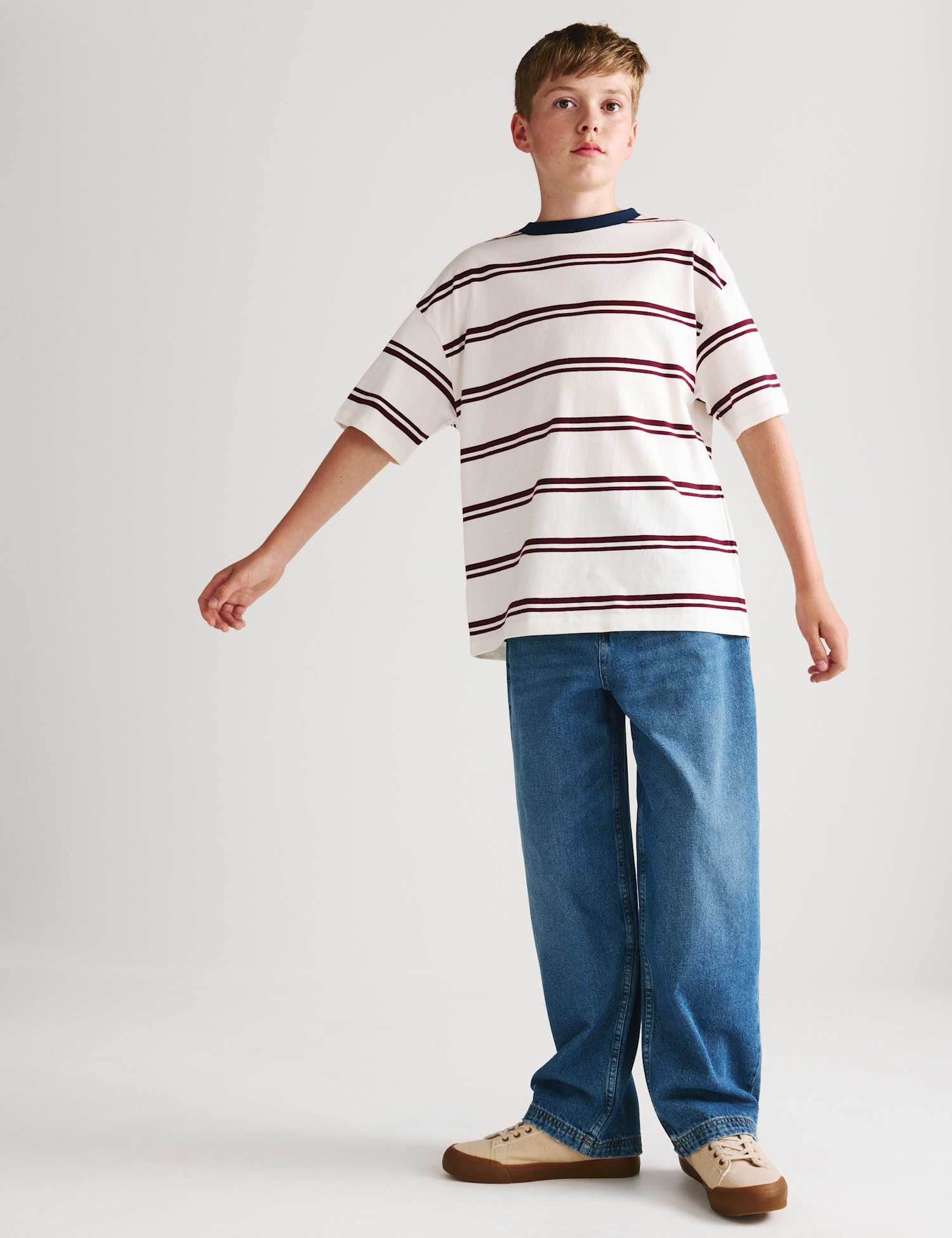 M&S Pure Cotton Striped T-Shirt (6-16 Yrs) Burgundy Mix