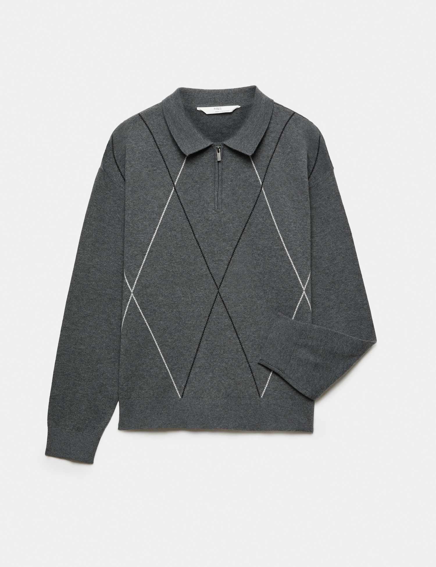 M&S Cotton Blend Knitted Argyle Polo Shirt (6-16 Yrs) Charcoal