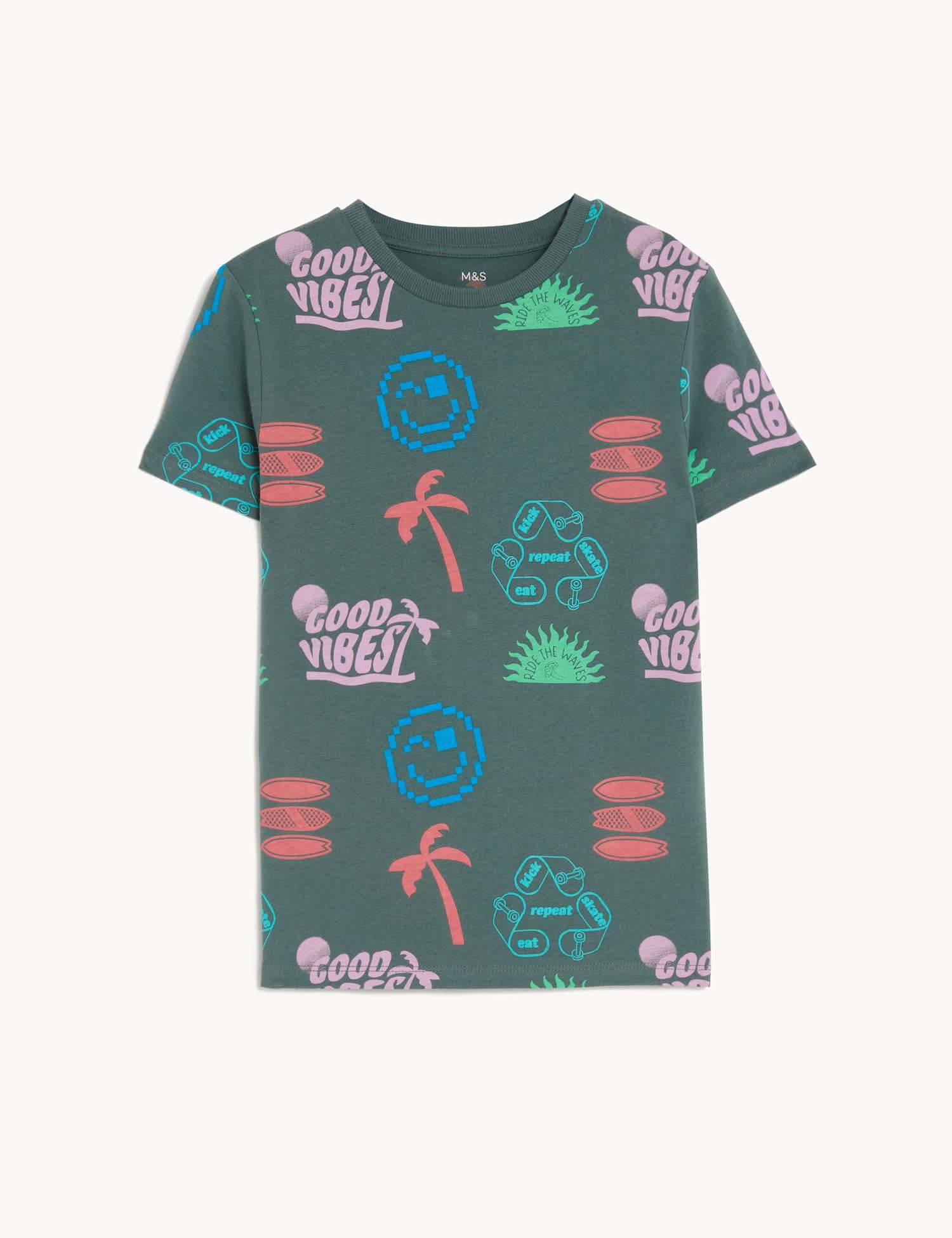 M&S Pure Cotton Patterned T-Shirt (6-16 Yrs) Green Mix
