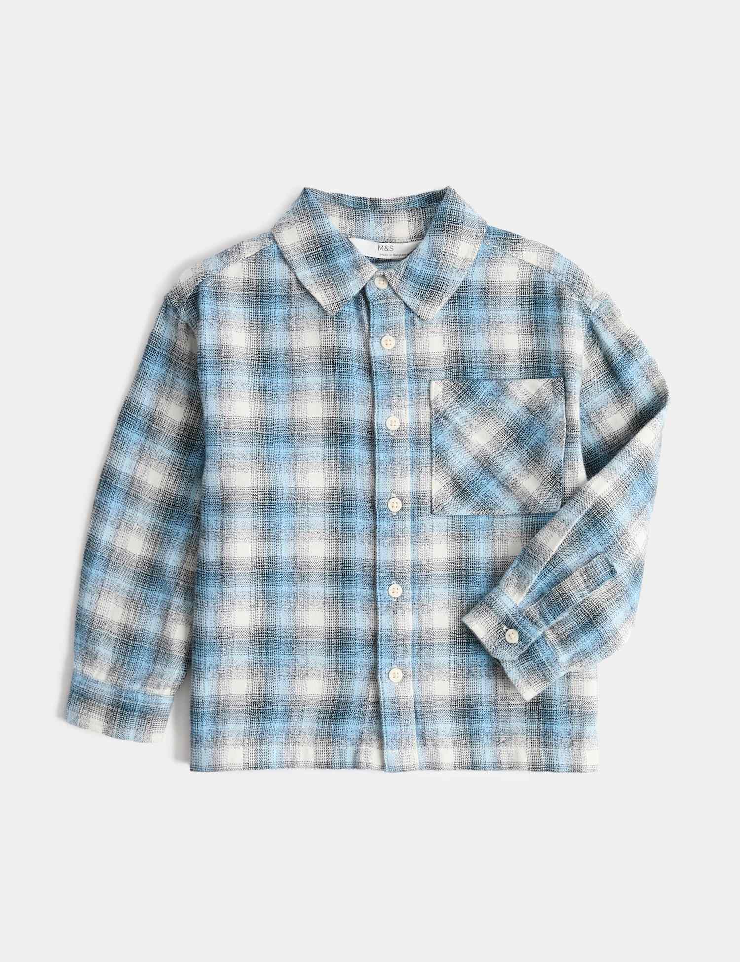 M&S Pure Cotton Checked Shirt (2-8 Yrs) Blue Mix