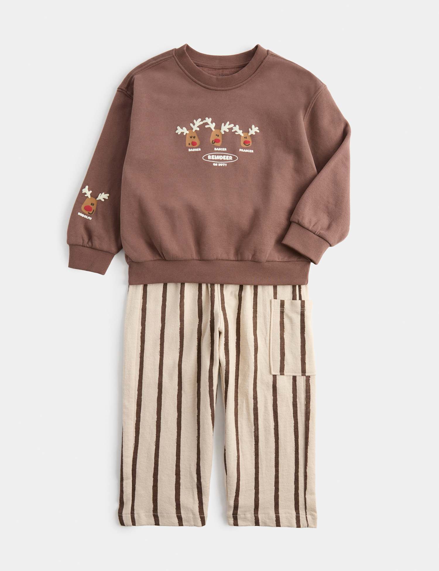M&S 2 Piece Cotton Rich Christmas Reindeer Outfit (2-8 Yrs) Brown Mix