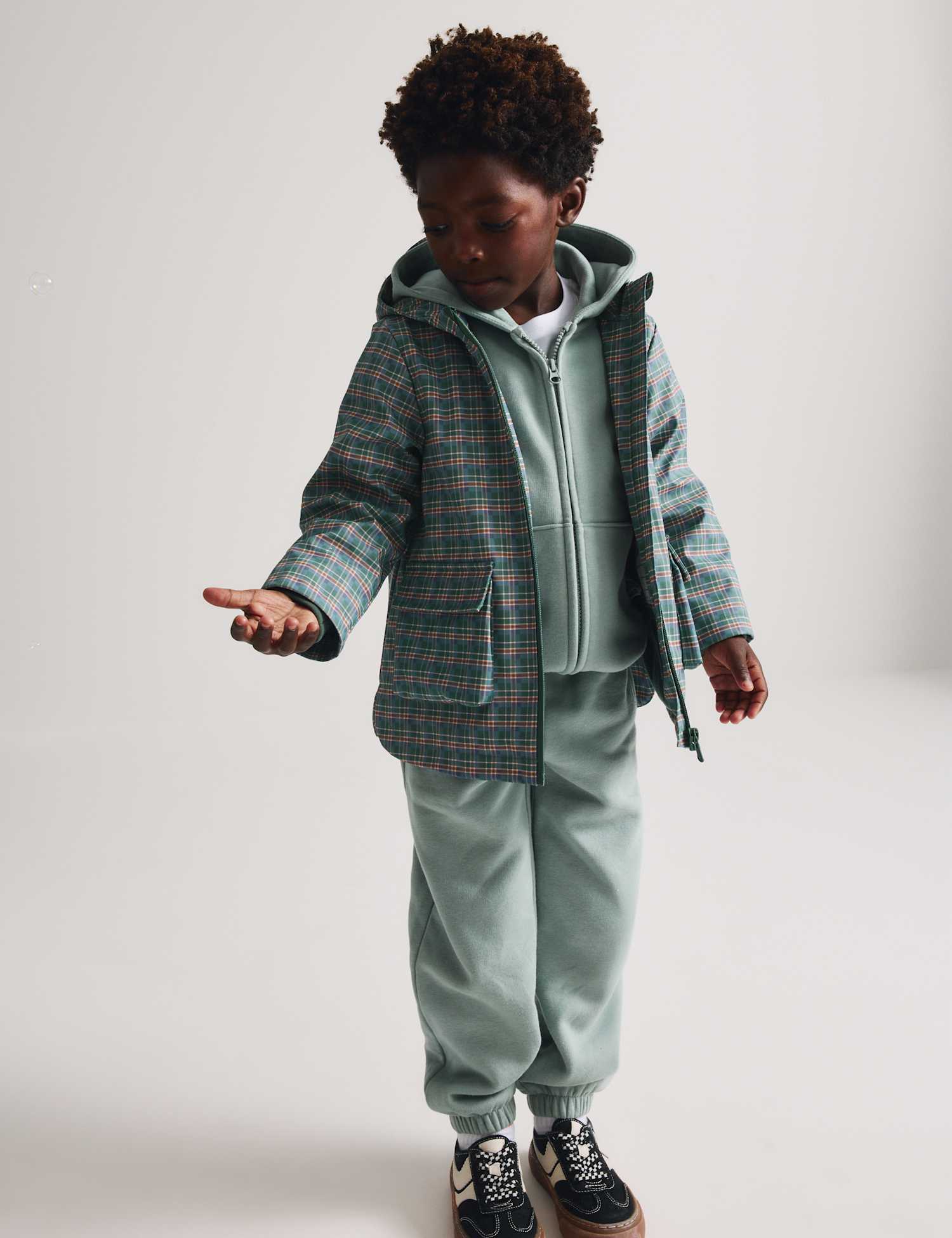 M&S Lightweight Hooded Checked Fisherman Jacket (2-8 Yrs) Petrol Green