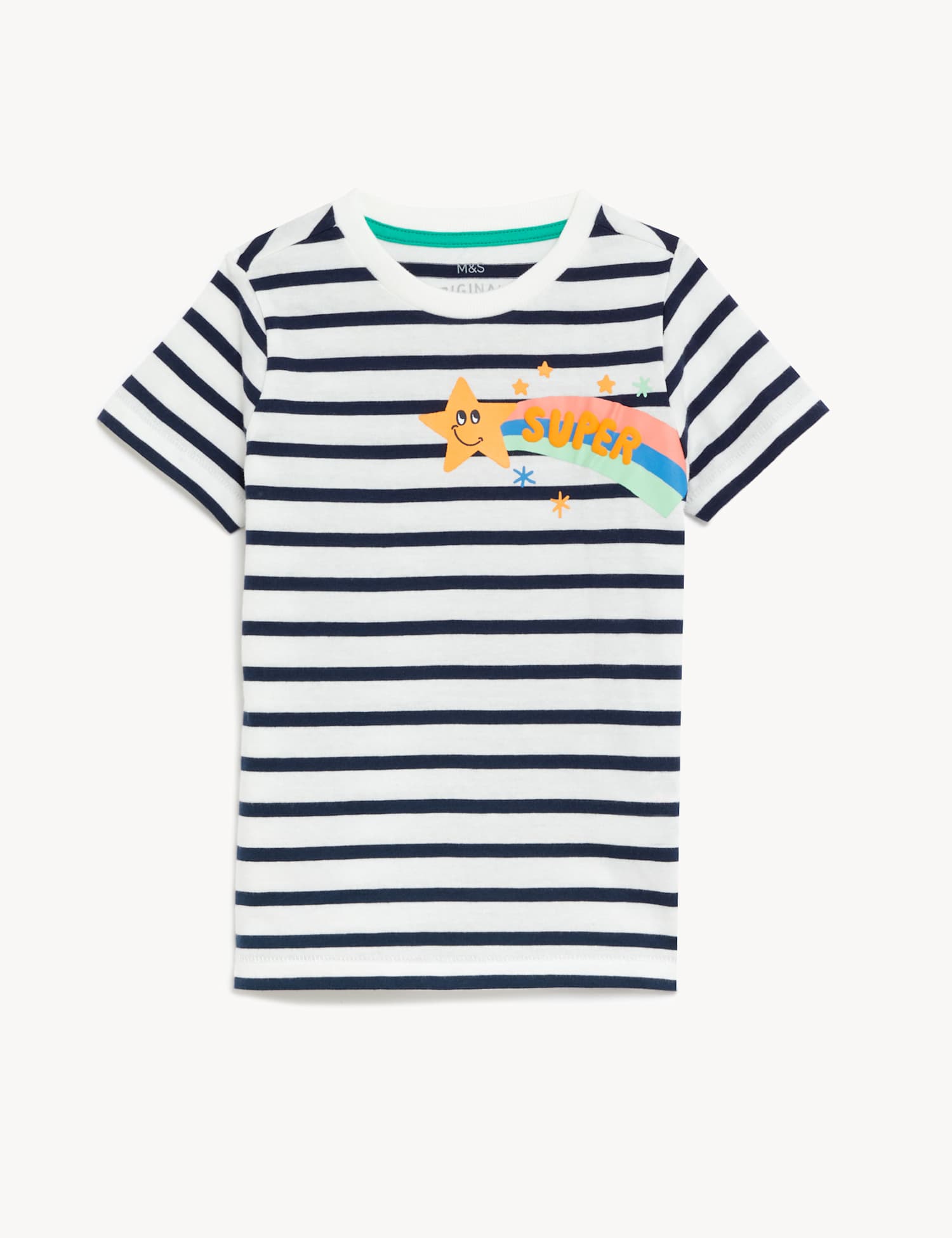 M&S Pure Cotton Striped Printed T-Shirt (2-7 Yrs) Navy Mix