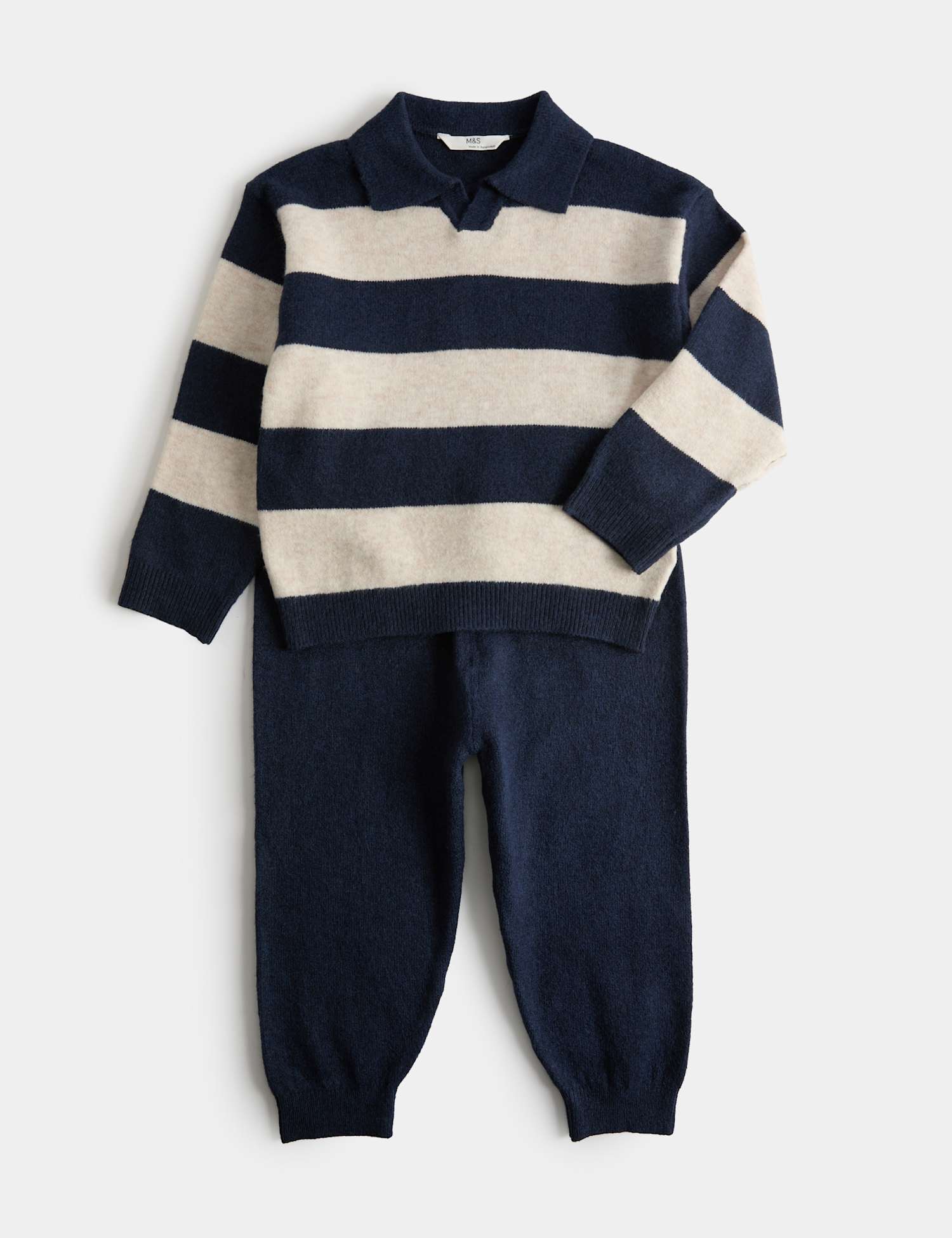 M&S 2 Piece Striped Knitted Top & Joggers Set (2-8 Yrs) Navy Mix