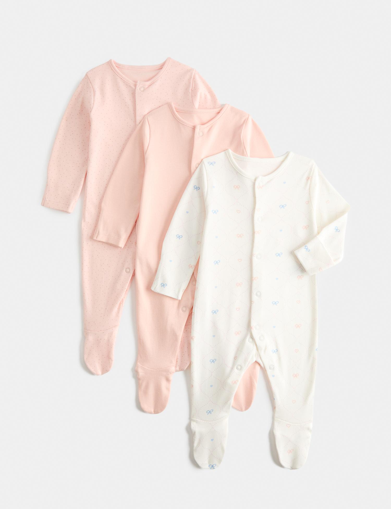 M&S 3 Pack Pure Cotton Printed Sleepsuits (0-3 Yrs) Apricot Mix