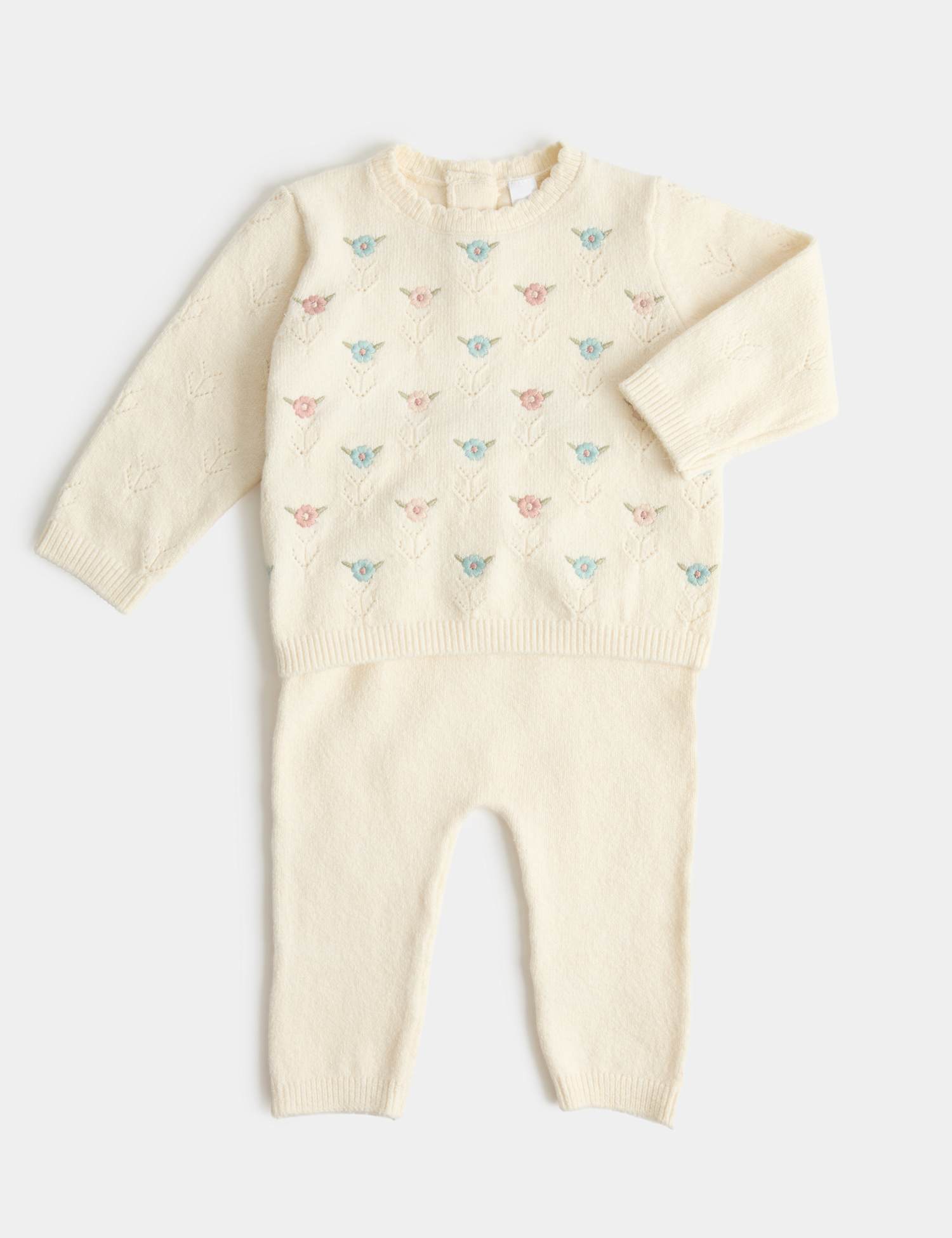 M&S 2 Piece Knitted Floral Outfit (0-12 Mths) Light Pink