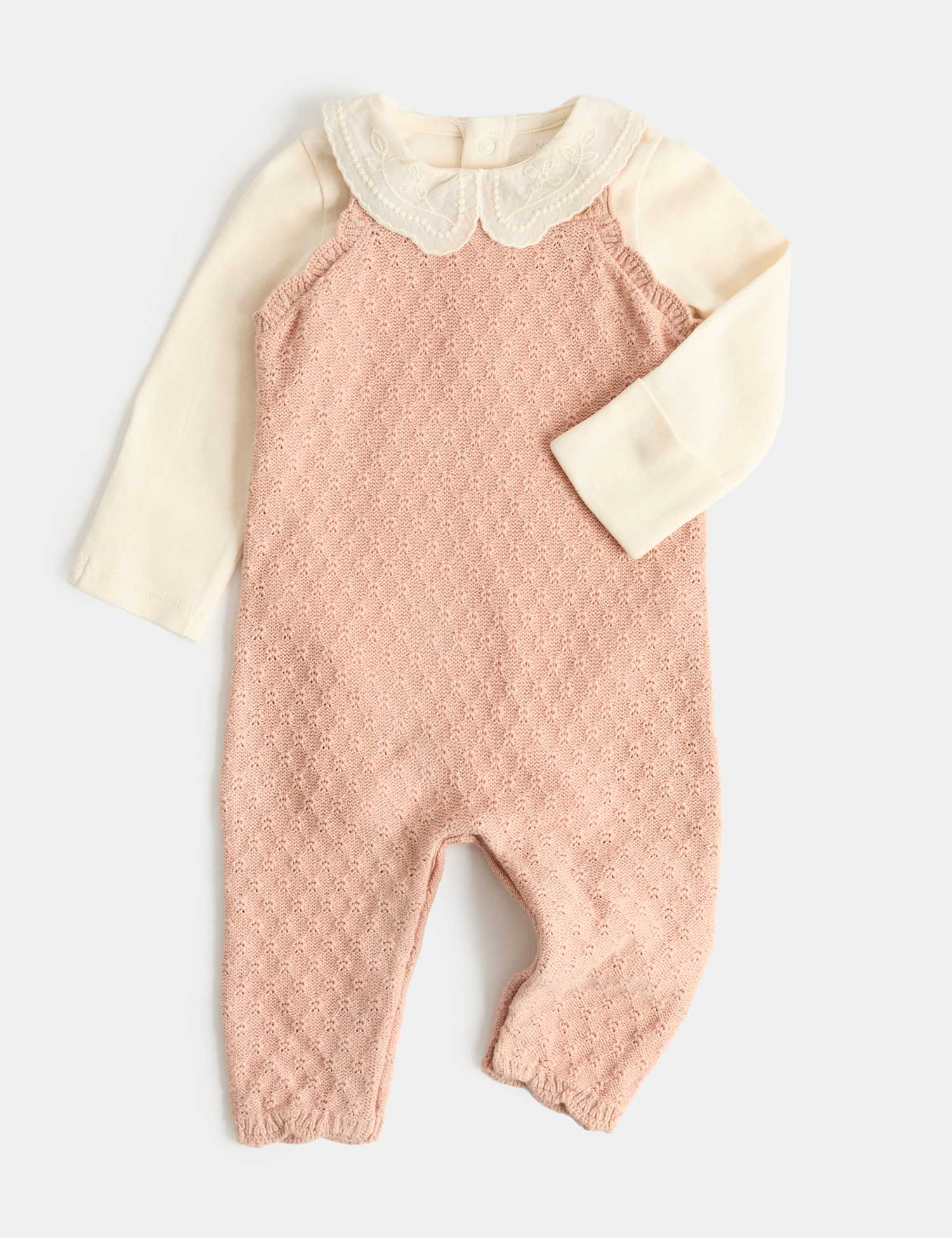M&S 2 Piece Knitted Dungarees with Bodysuit (7lbs - 12 Mths) Light Pink