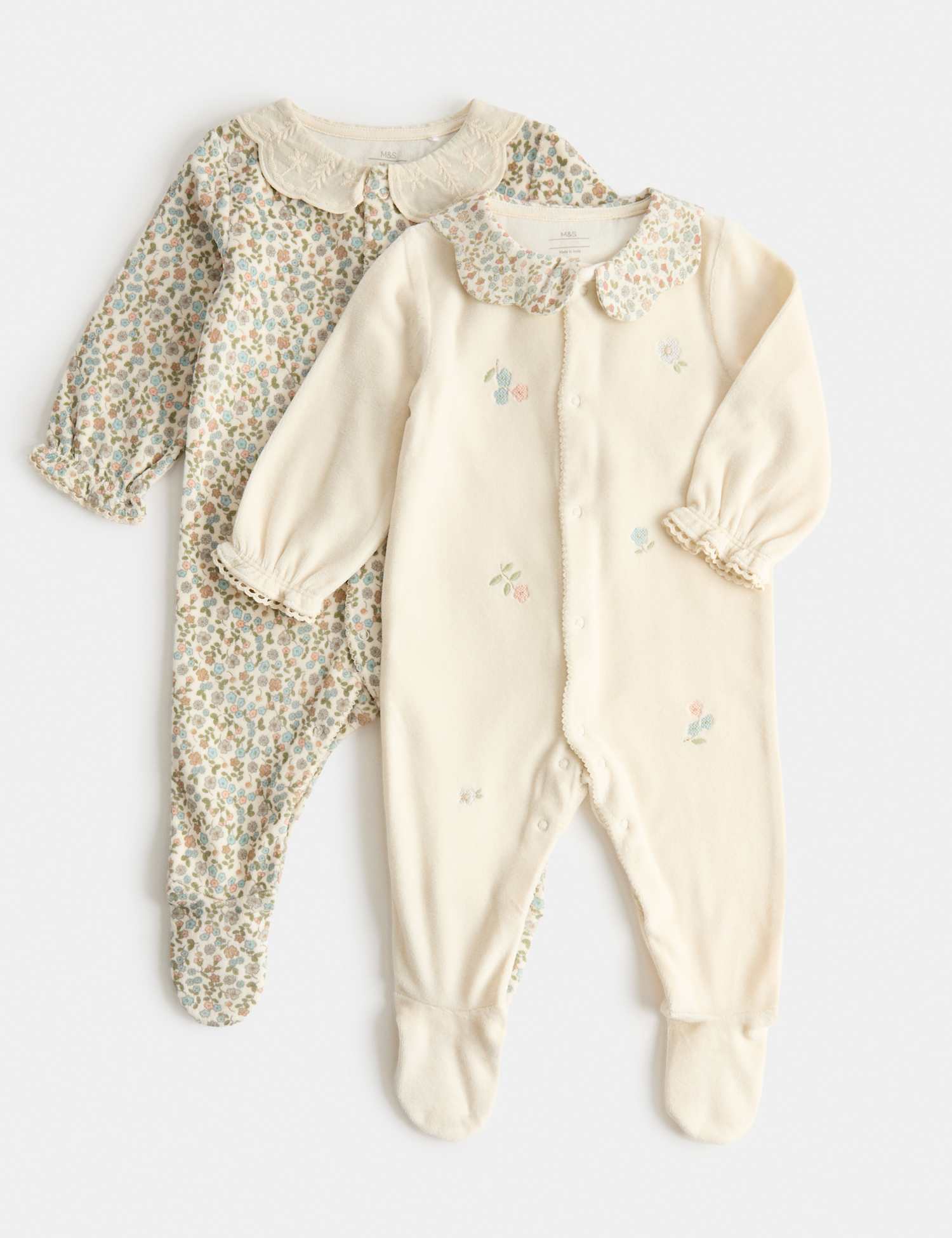 M&S 2 Pack Cotton Rich Frill Sleepsuits (7lbs - 3 Yrs) Light Cream