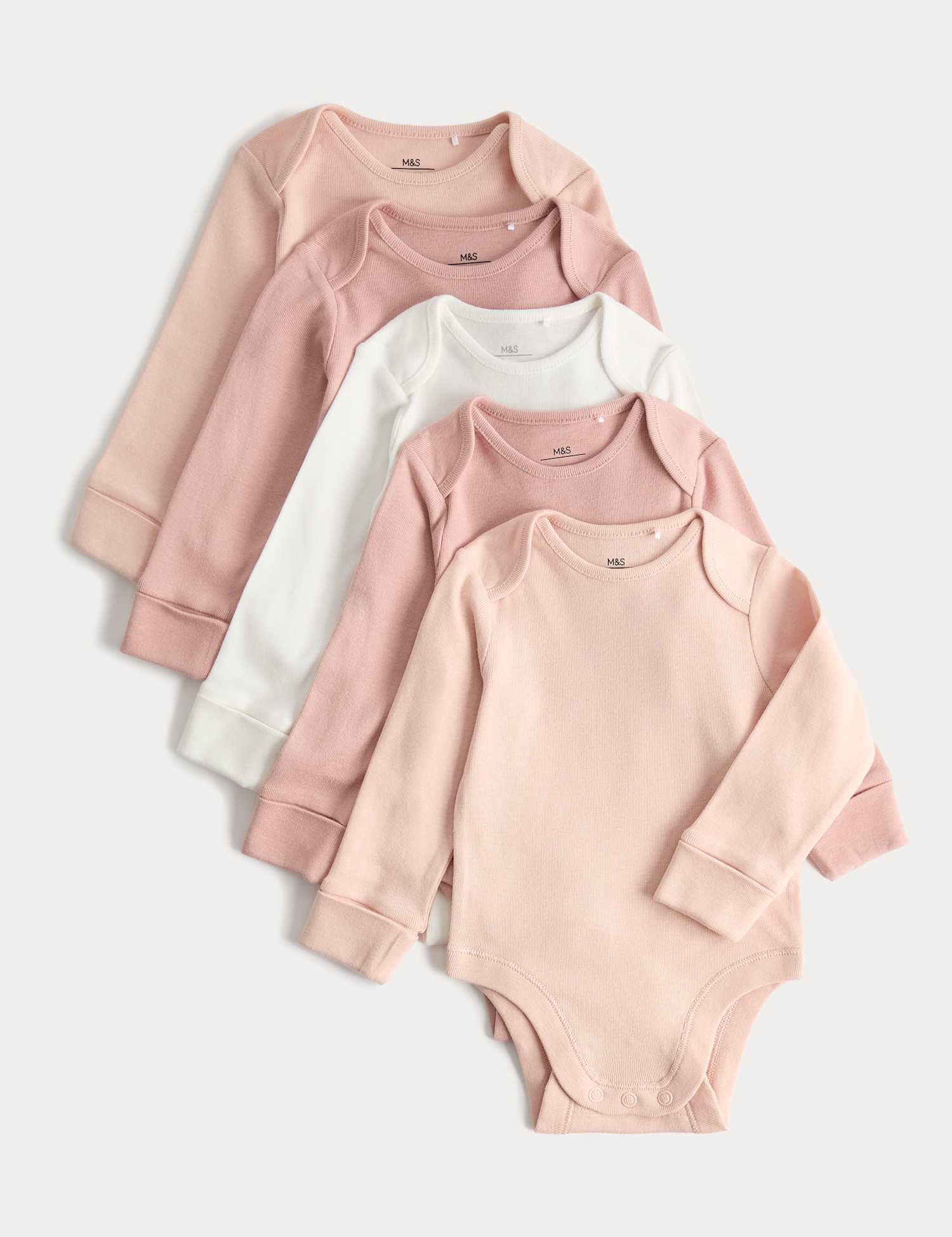 M&S 5 Pack Pure Cotton Plain Long Sleeve Bodysuits (7lbs-3 Yrs) Blush