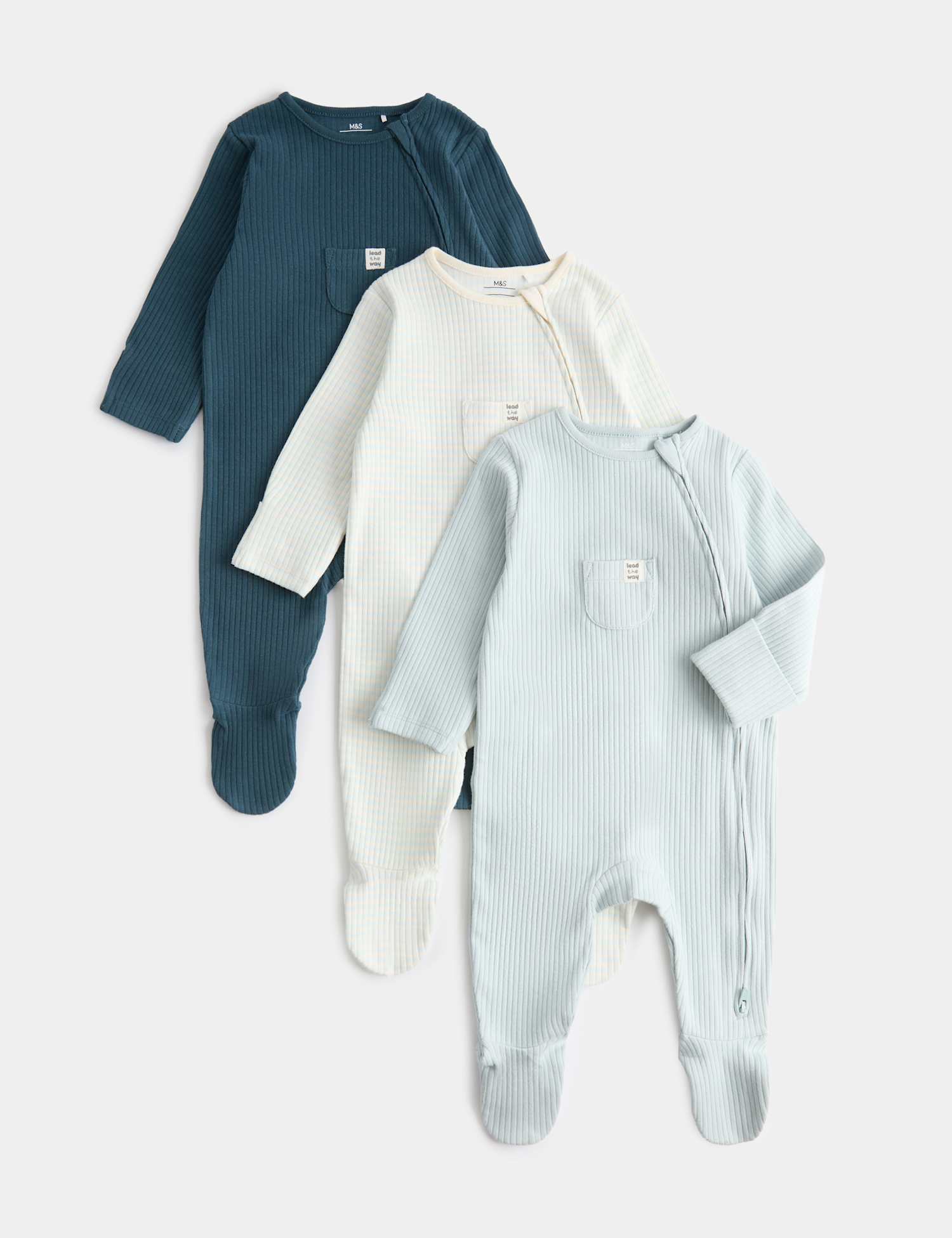 M&S 3 Pack Cotton Rich Statement Sleepsuits (7lbs - 3 Yrs) Aqua Marine