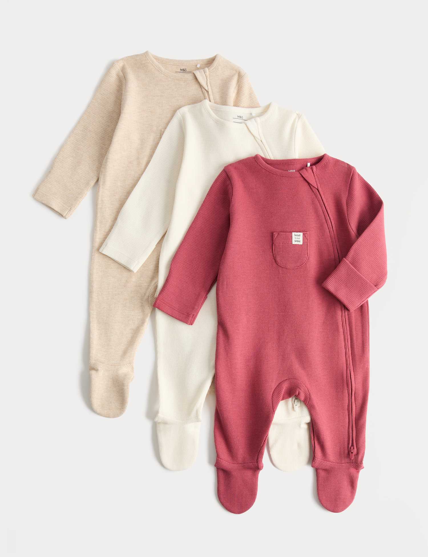 M&S 3 Pack Pure Cotton Waffle Sleepsuits (7lbs-3 Yrs) Berry