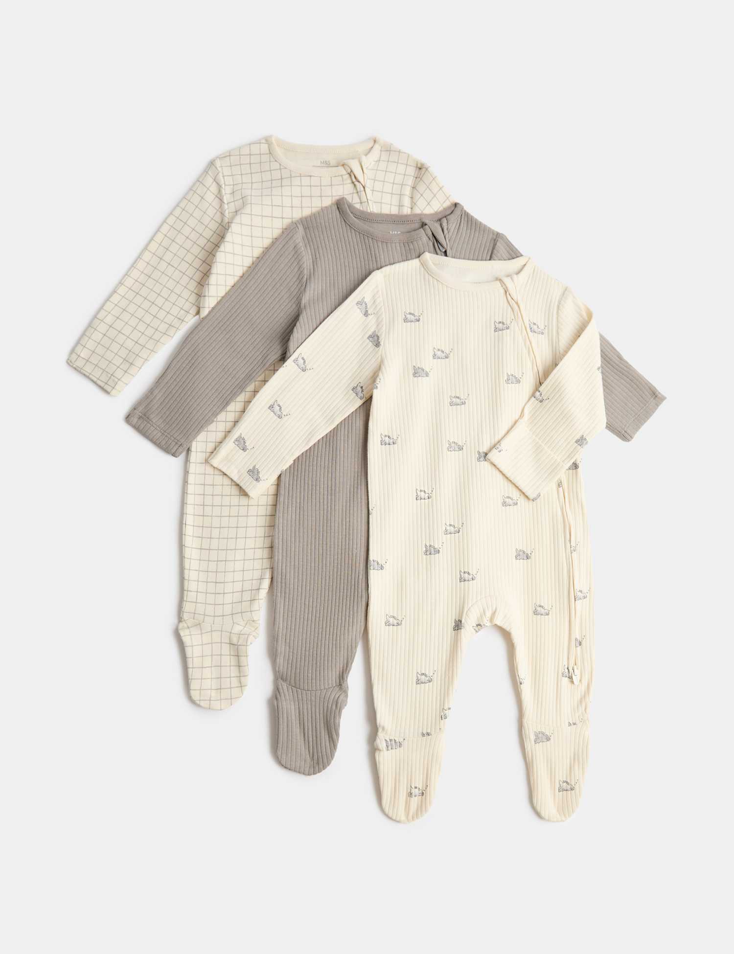 M&S 3 Pack Pure Cotton Dinosaur Sleepsuits (7lbs - 3 Yrs) Light Cream