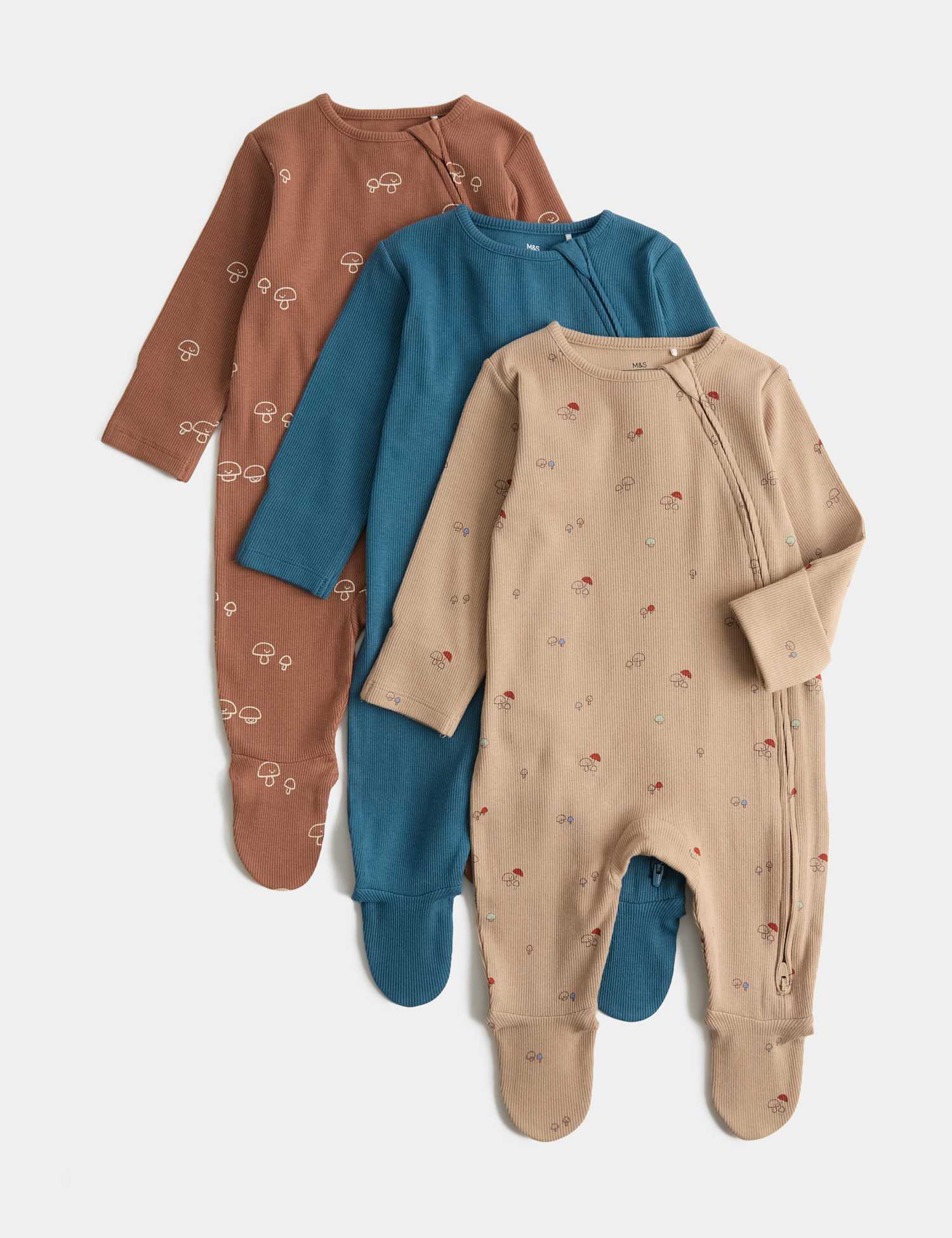 M&S 3 Pack Cotton Rich Mushroom Sleepsuits (0-3 Yrs) Multi