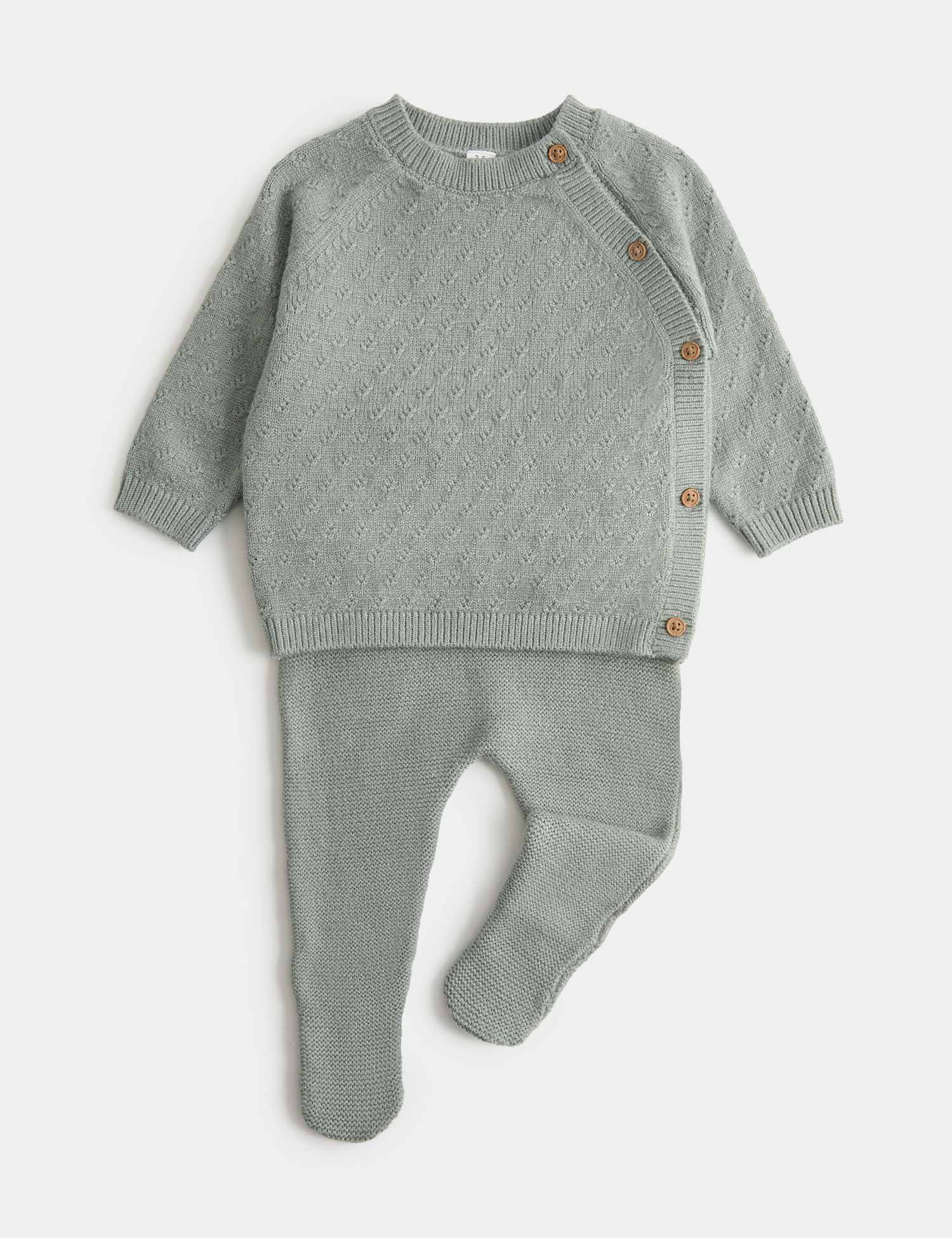 M&S 2 Piece Stitch Detail Knitted Outfit (7lbs - 1 Yrs) Light Verdigris