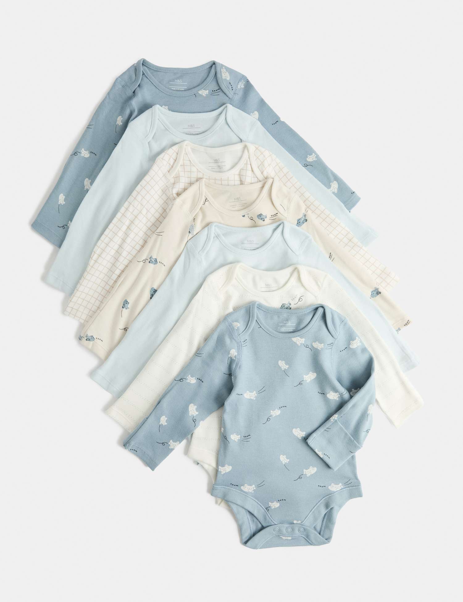 M&S 7 Pack Pure Cotton Bodysuits (0-3 Yrs) Blue Mix