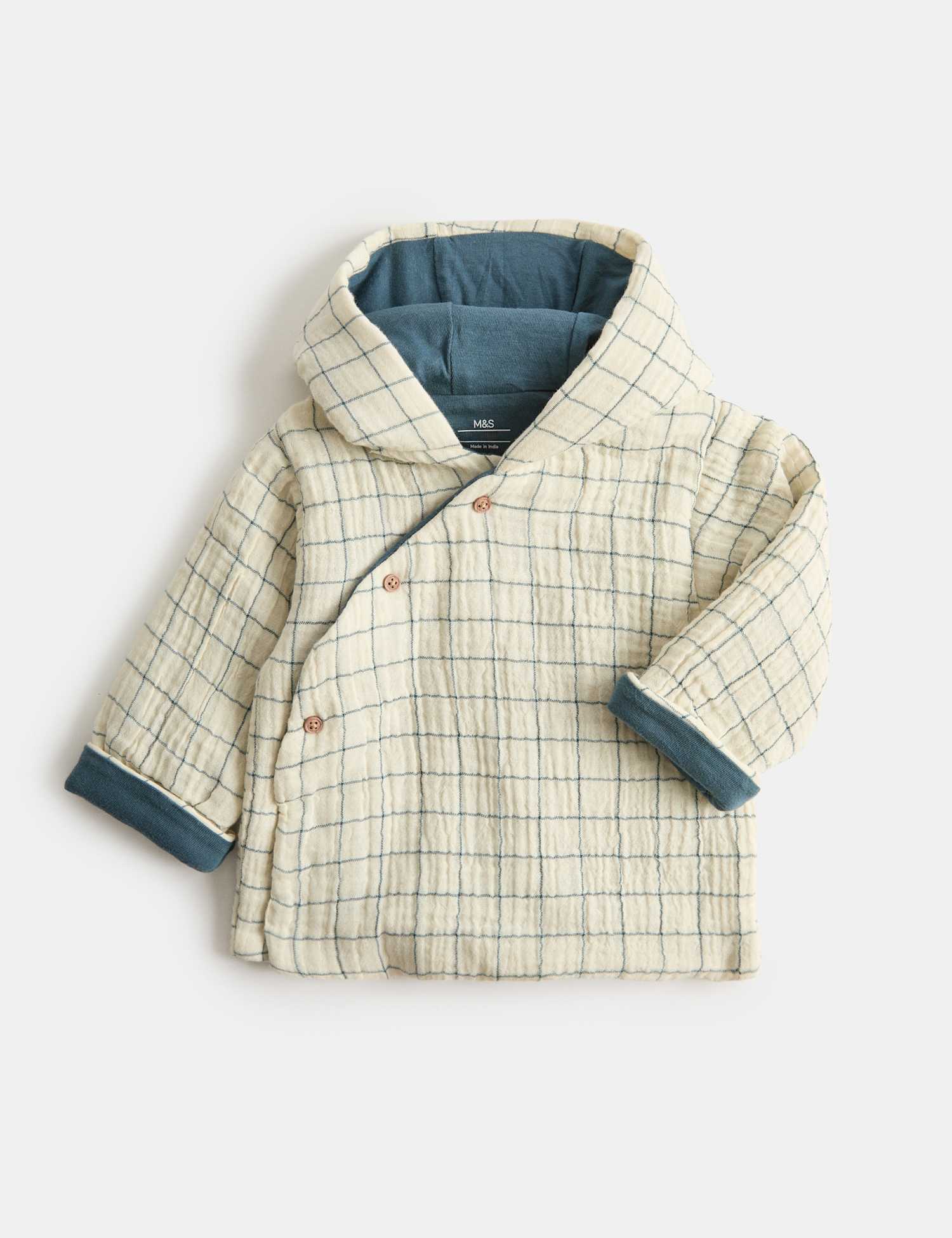 M&S Pure Cotton Check Padded Hooded Jacket (7lbs - 1 Yrs) Light Cream