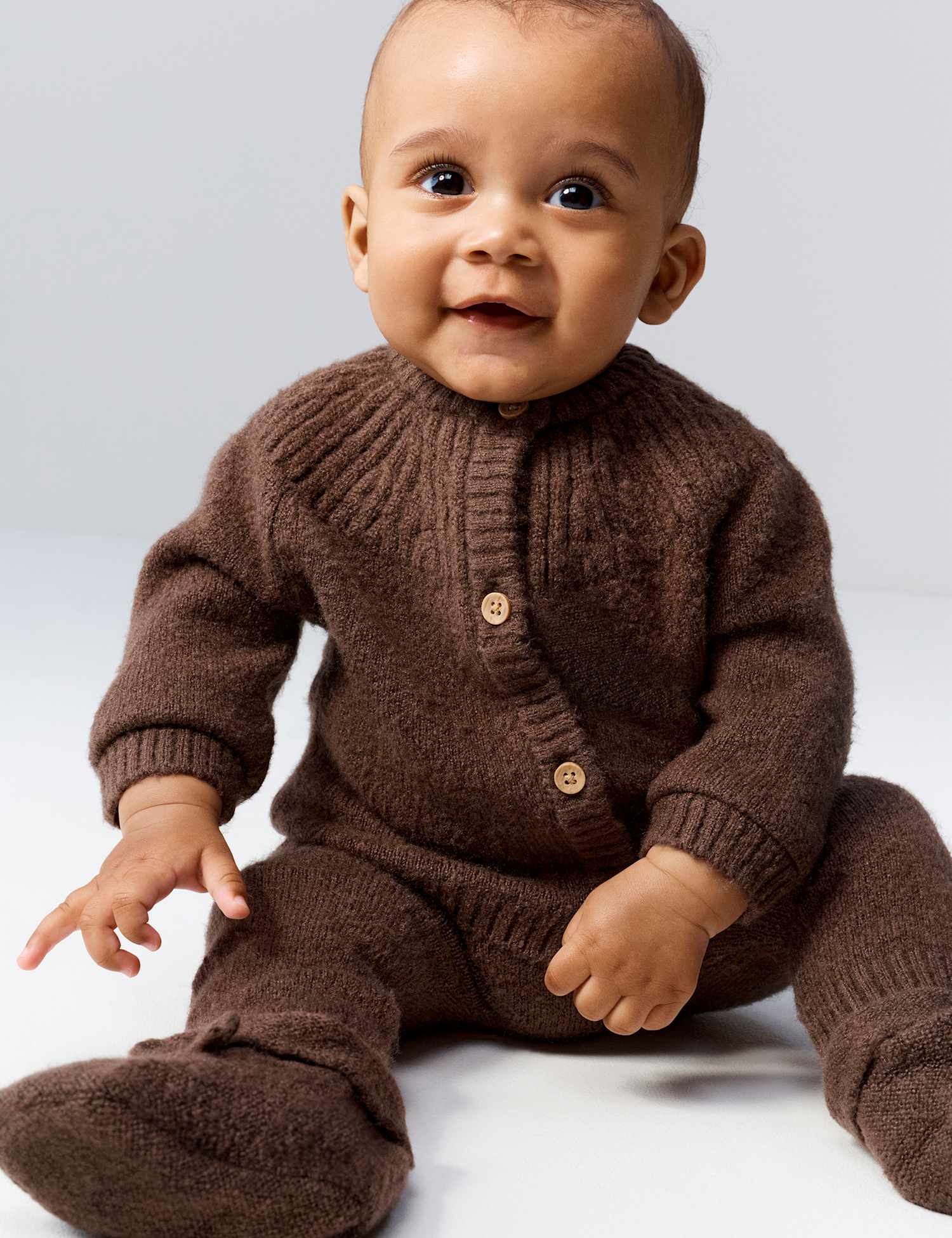 M&S 3 Piece Knitted Outfit with Booties (7lbs - 12 Mths) Brown