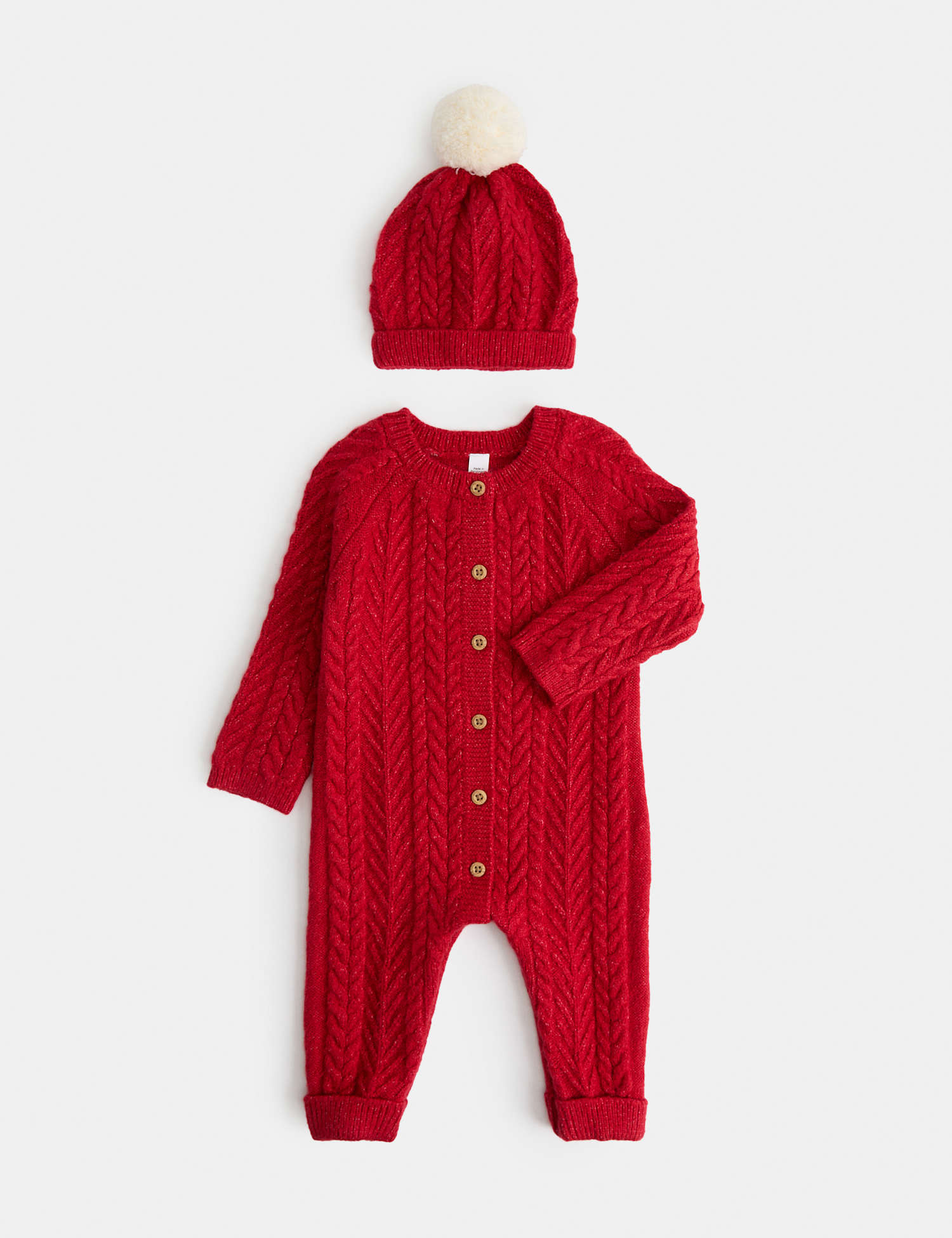 M&S 2 Piece Cable Knit All in One with Hat (7lbs-12 Mths) Red