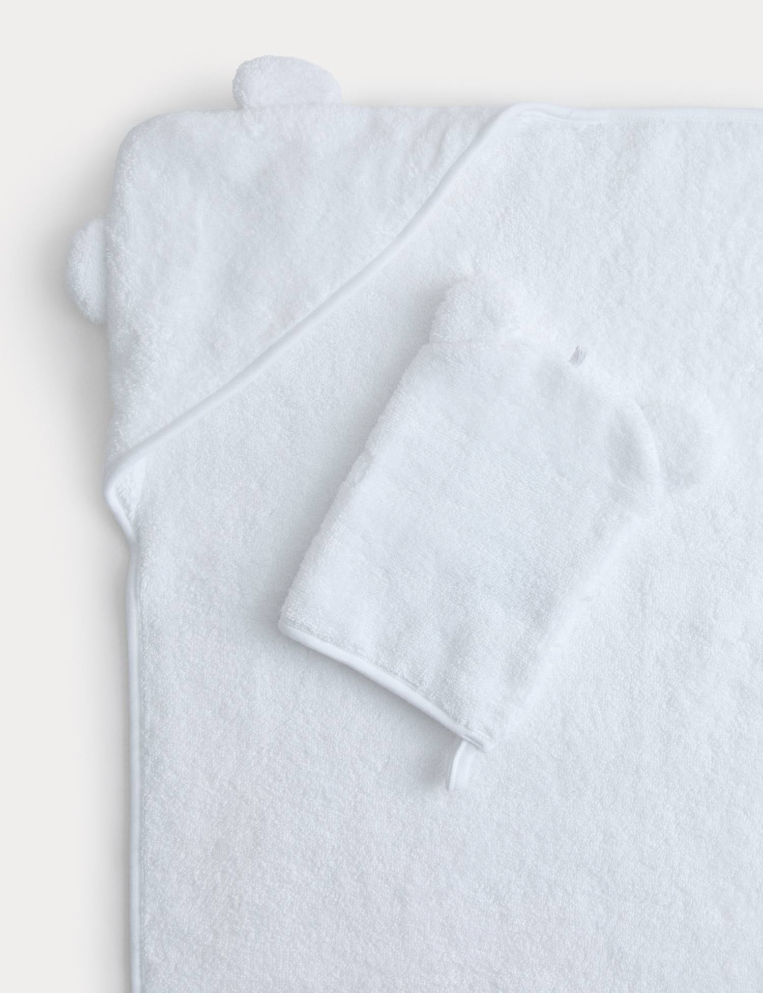 M&S Pure Cotton Hooded Towel With Mitts White