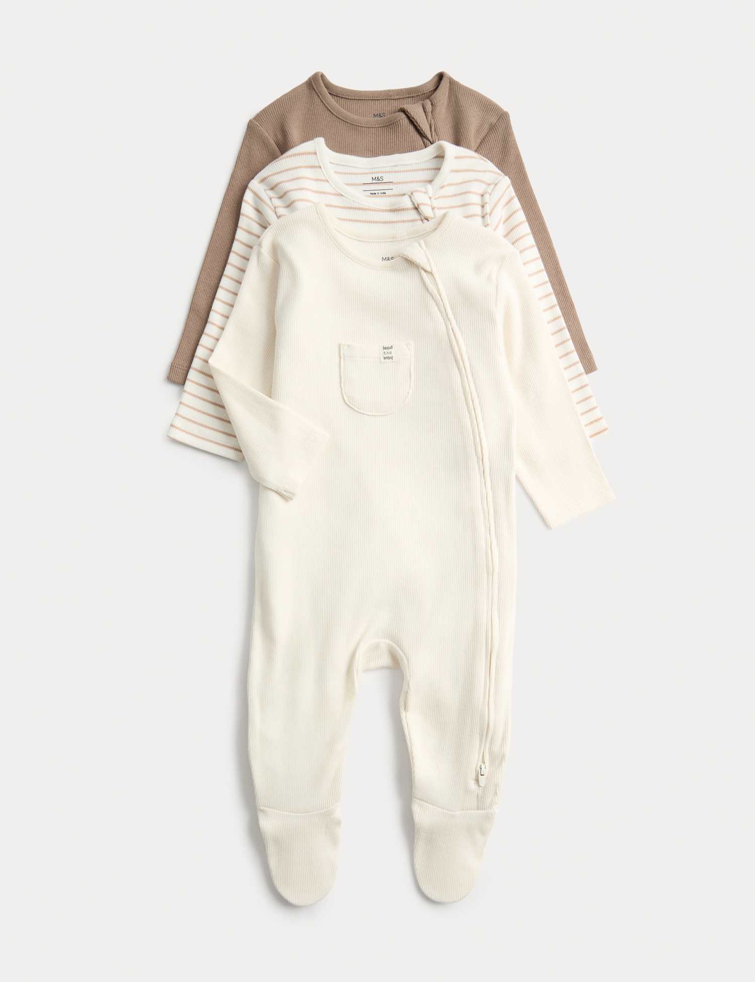 M&S 3 Pack Cotton Rich Ribbed Sleepsuits (6�lbs-3 Yrs) Oatmeal