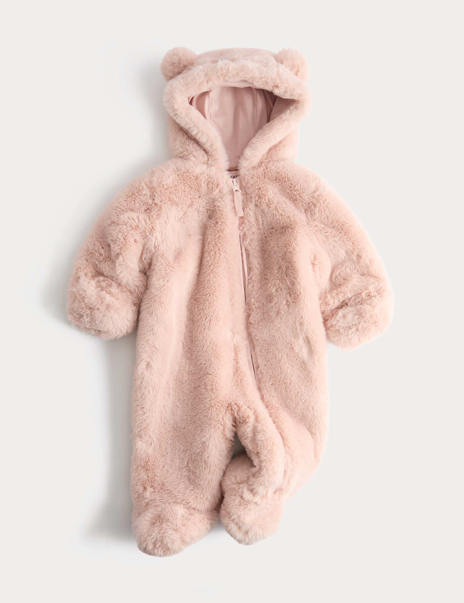 M&S Faux Fur Hooded Pramsuit (0-12 Mths) Blush