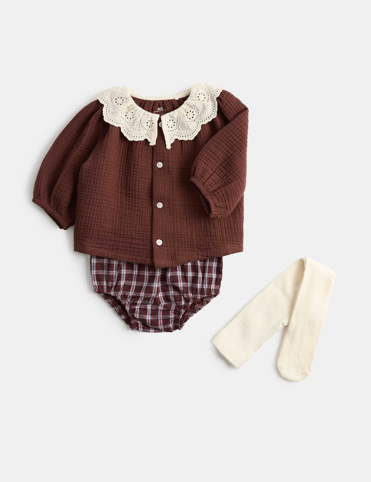 M&S 3 Piece Gingham Paddler with Tights (0-12 Mths) Red Mix