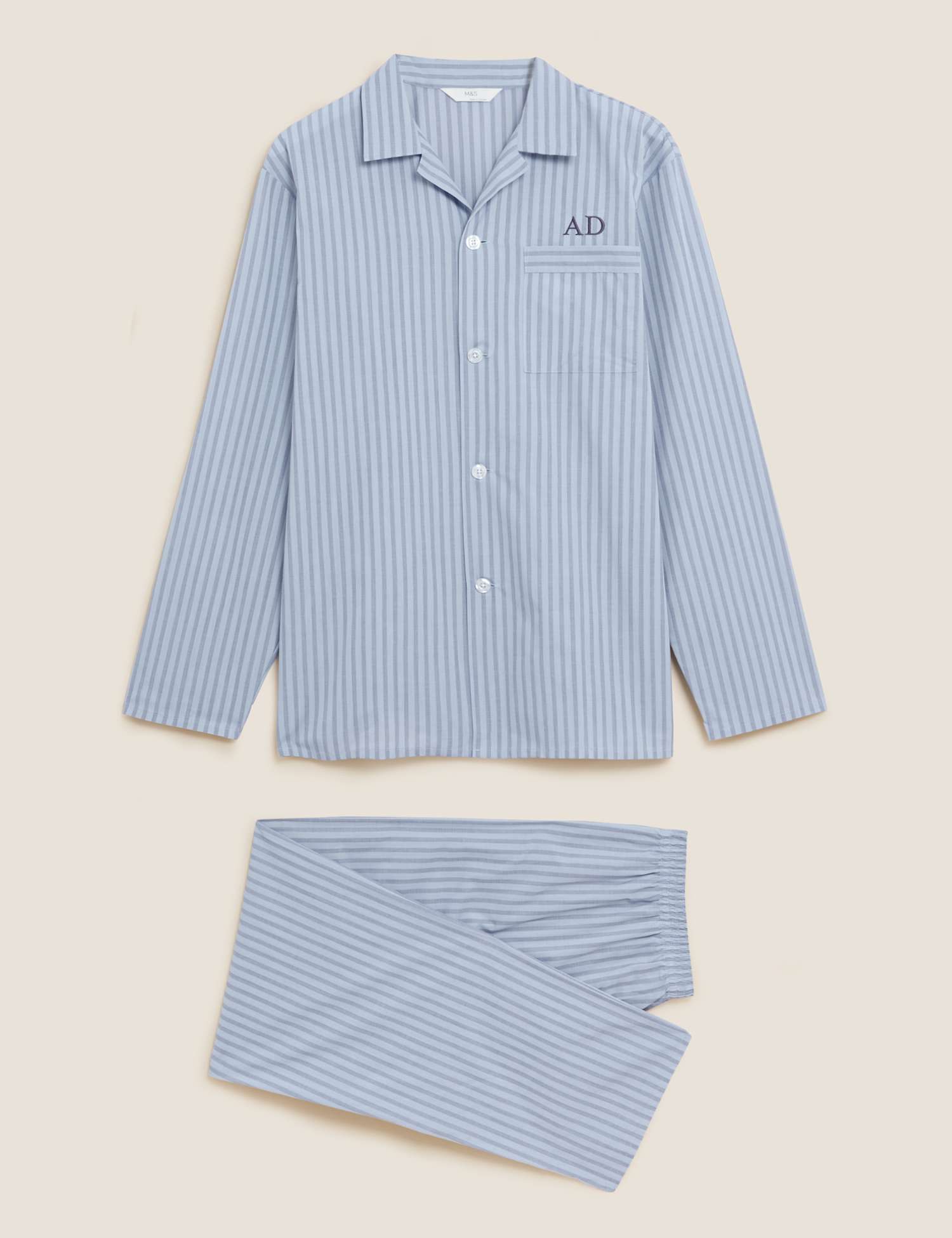 M&S Personalised Men's Bengal Stripe Pyjama Set Blue Mix