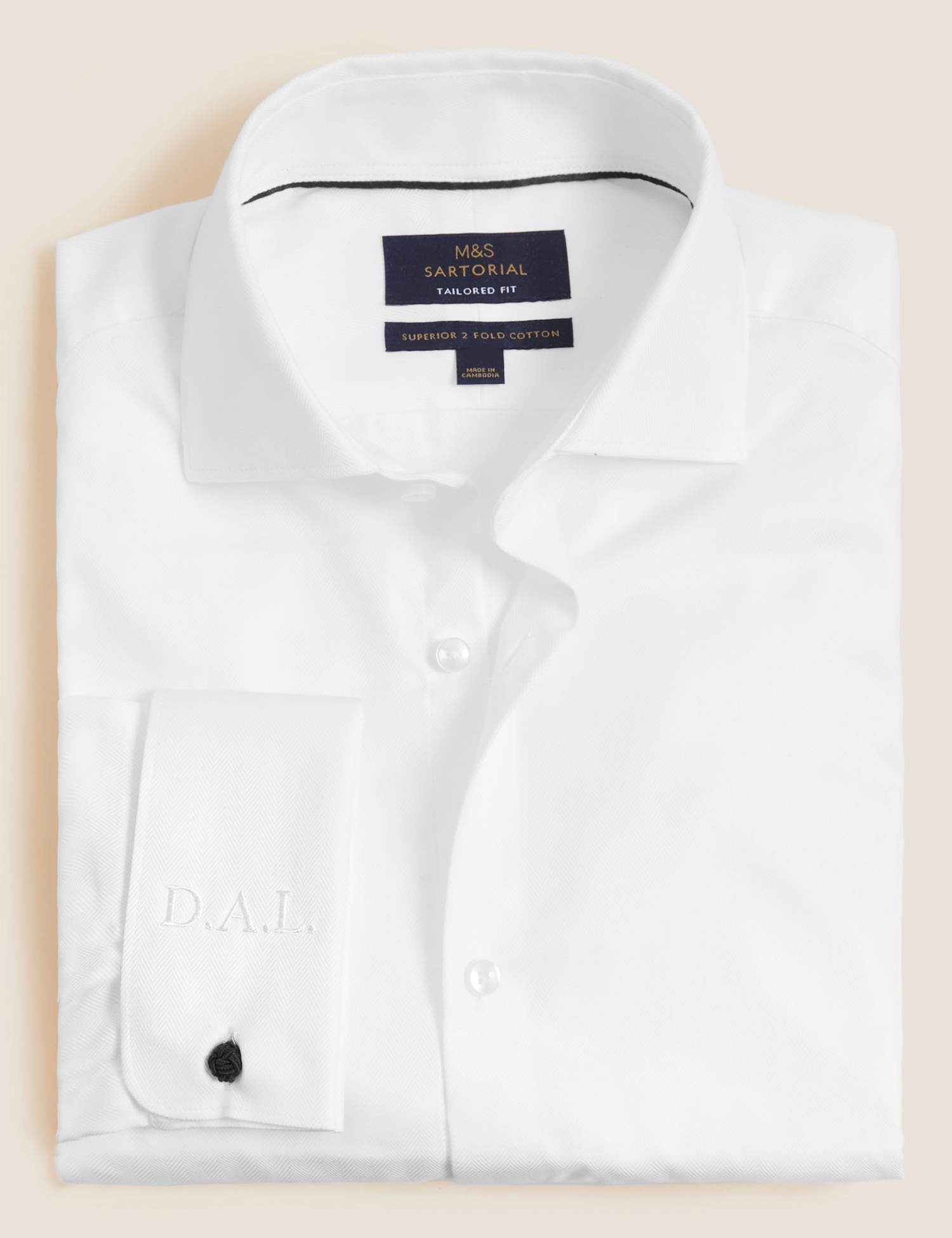 M&S SARTORIAL Tailored Fit Personalised Men's Double Cuff Herringbone Shirt White