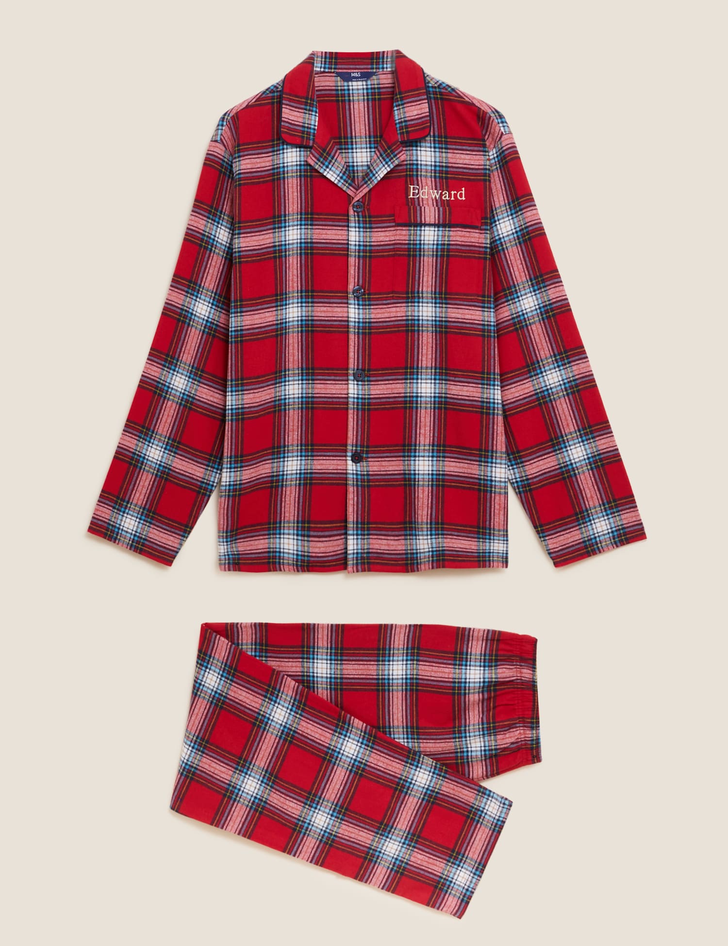 M&S Personalised Men's Family Checked Pyjamas Red Mix