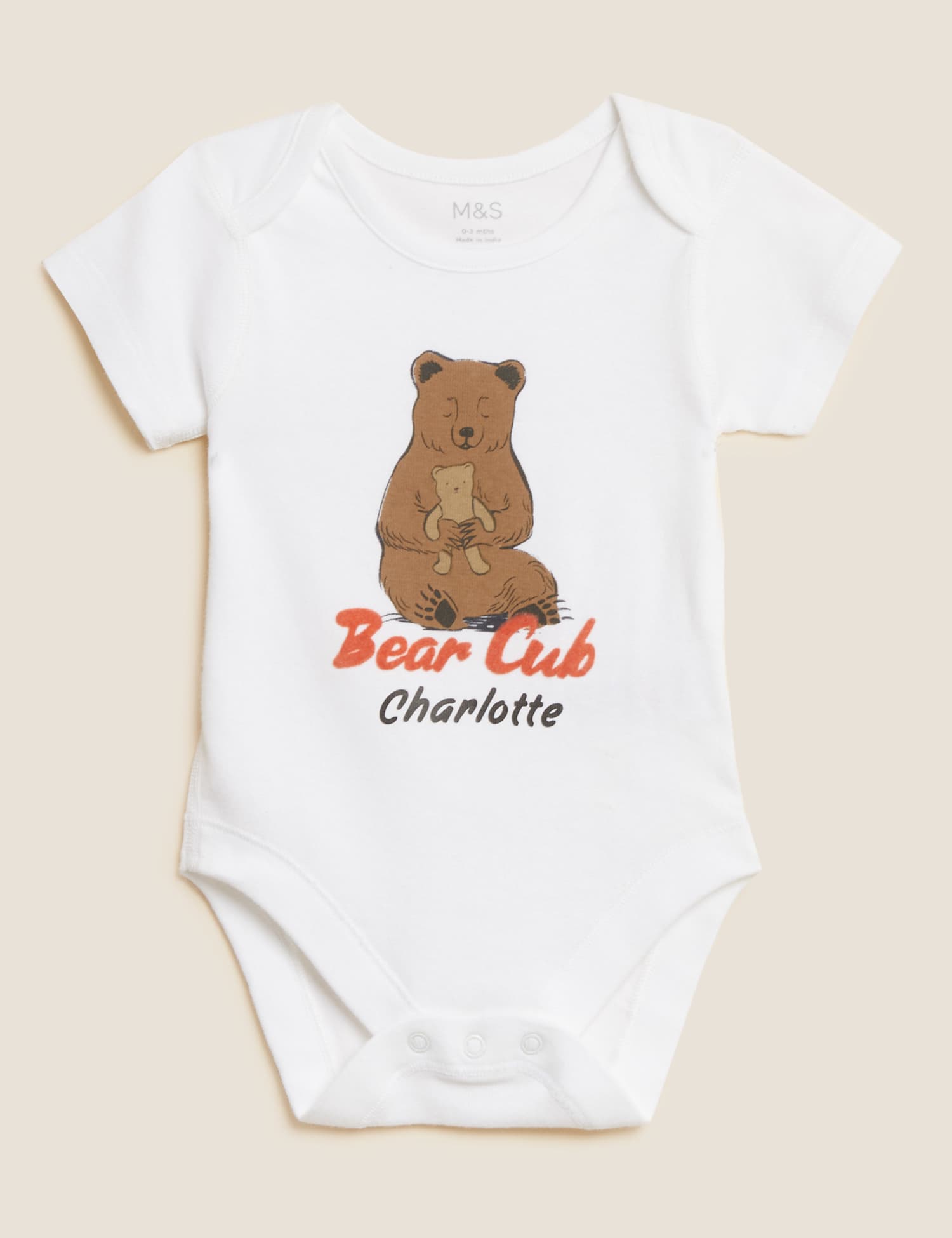 M&S Personalised Pure Cotton Bear Cub Bodysuit (0-12 Mths) White Mix