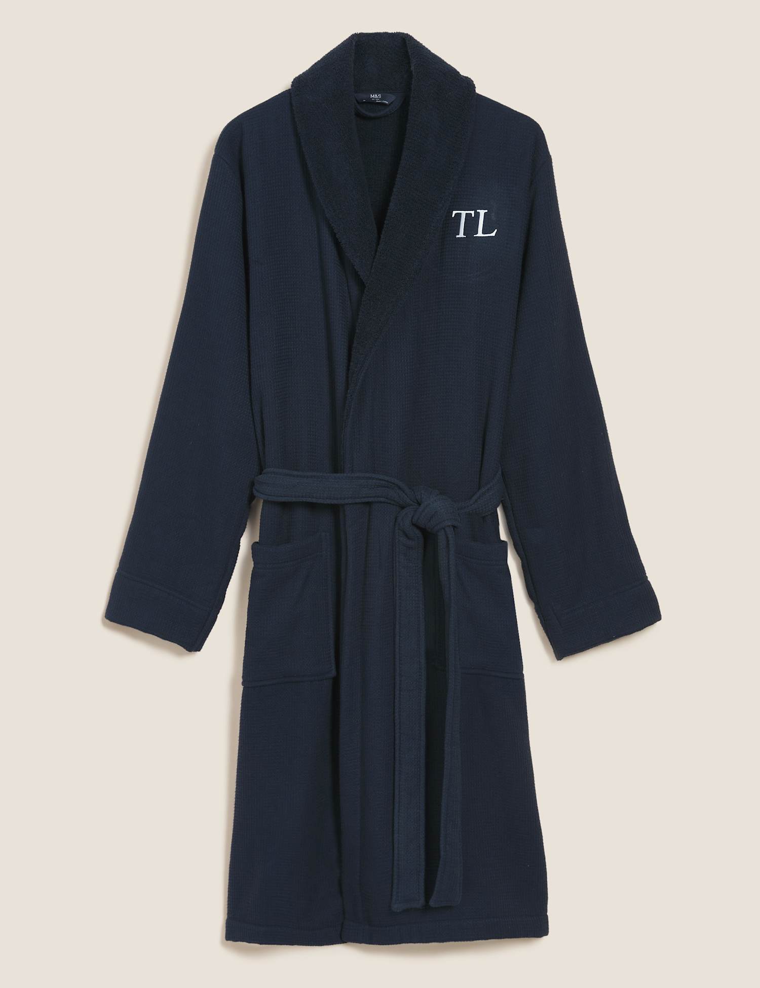 M&S Personalised Men's Cotton Dressing Gown Navy